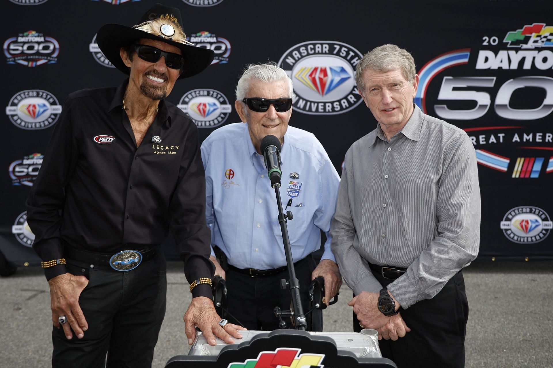 NASCAR Hall of Fame drivers Richard Petty, Hershel McGriff and Bill Elliott pose for photos on the grid prior to the NASCAR Cup Series 65th Annual Daytona 500 at Daytona International Speedway on February 19, 2023 in Daytona Beach, Florida. (Photo by Chris Graythen/Getty Images)