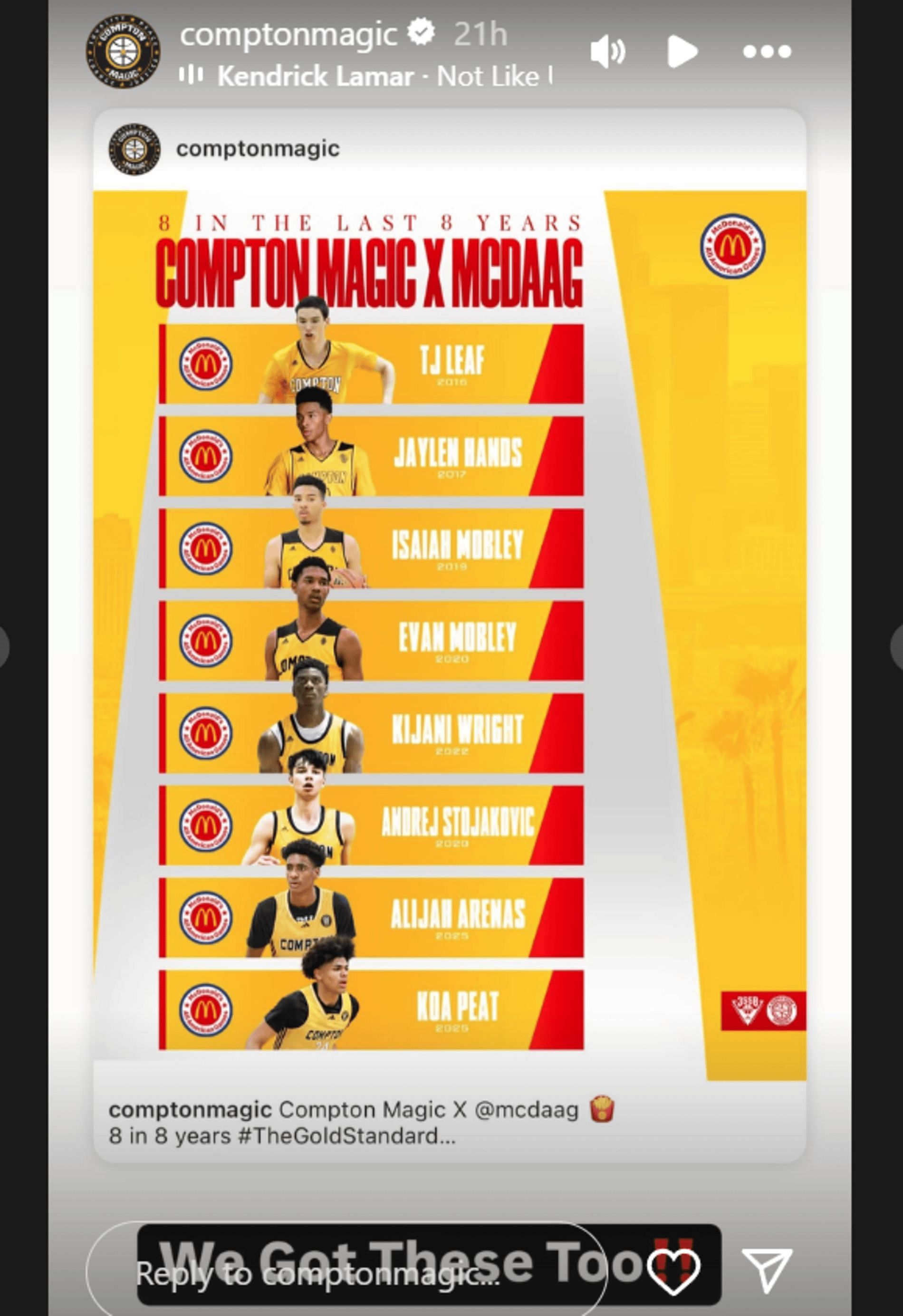 AAU team Compton Magic reveals it has now produced eight McDonald&#039;s All-Americans (Source: Instagram/ comptonmagic)