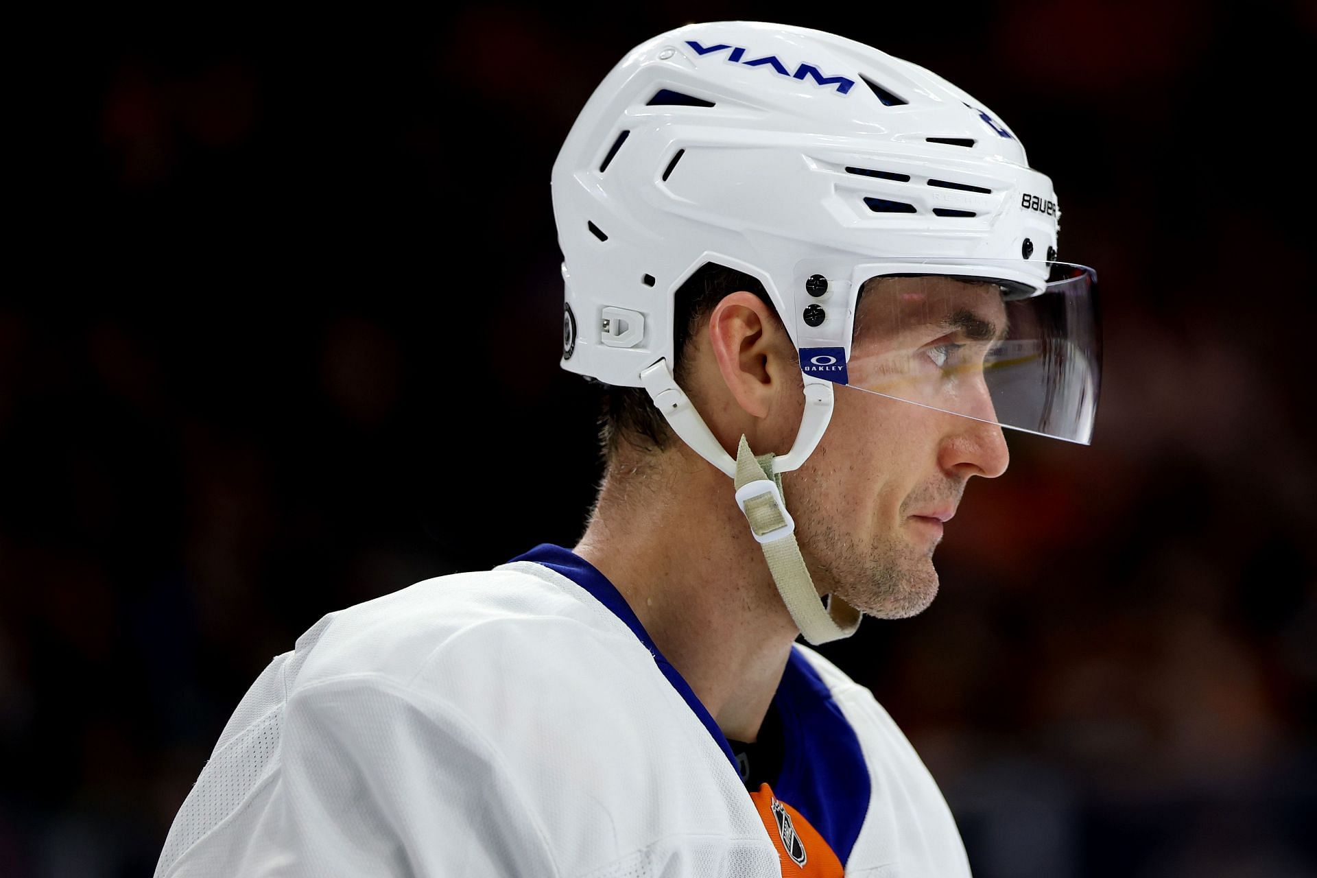 Brock Nelson, #29 of the New York Islanders, looks on during an NHL game. (Credits: Getty)