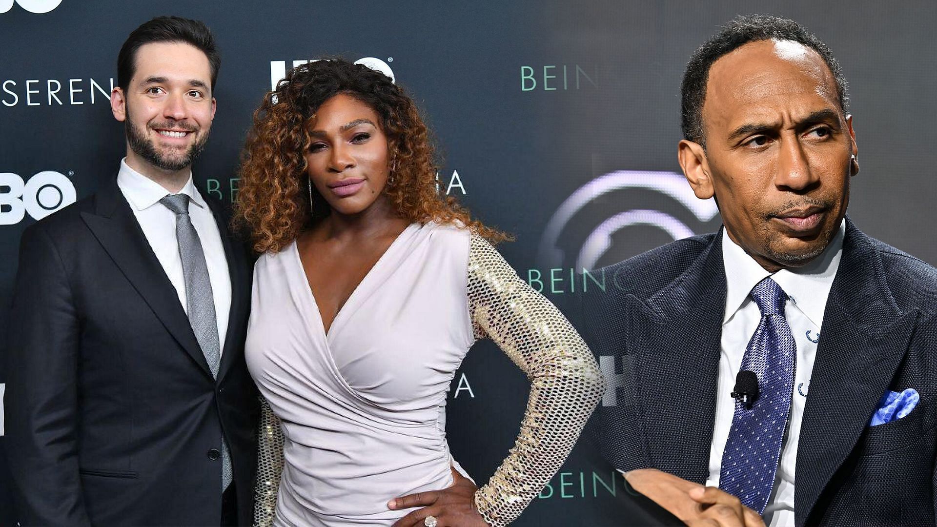 Serena Williams with husband Alexis Ohanian (L) and Stephen A. Smith (R) - Source: Getty