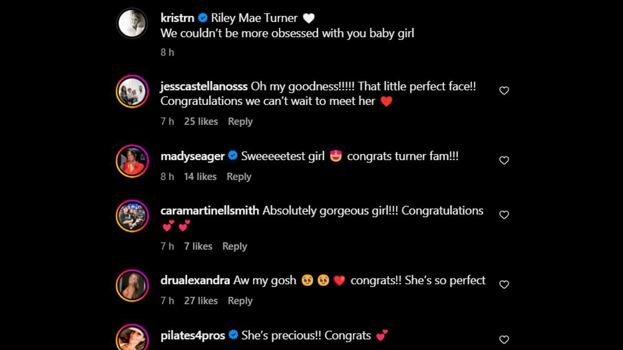 Screenshot of Jessica Castellanos, Madisyn Seager and Cara Smith&#039;s comments on Kristen Turner&#039;s Instagram post (Image from - Instagram.com/@kristrn)