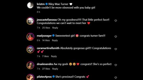 Screenshot of Jessica Castellanos, Madisyn Seager and Cara Smith's comments on Kristen Turner's Instagram post (Image from - Instagram.com/@kristrn)