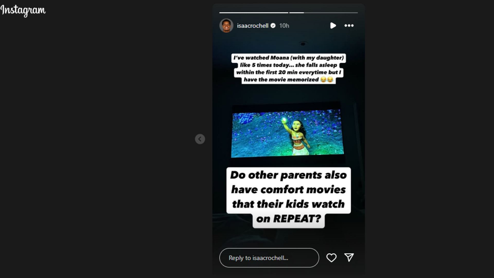 Rochell also shared how Moana has helped his daughter through the flu. (Photo via Rochell&#039;s Instagram Story)