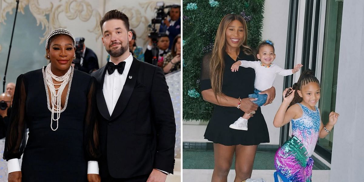 Serena Williams with Alexis Ohanian (L) and daughters Olympia and Adira (R) - Source: Getty, @serenawilliams on Instagram