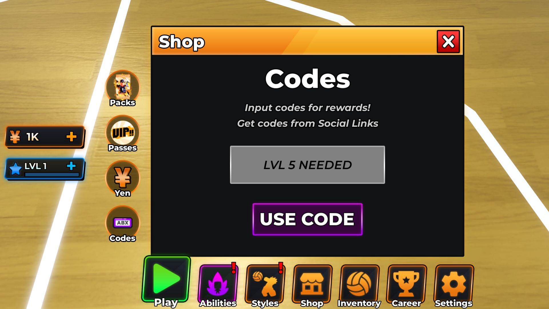 Redeem codes in Volleyball Legends (Image via Roblox)