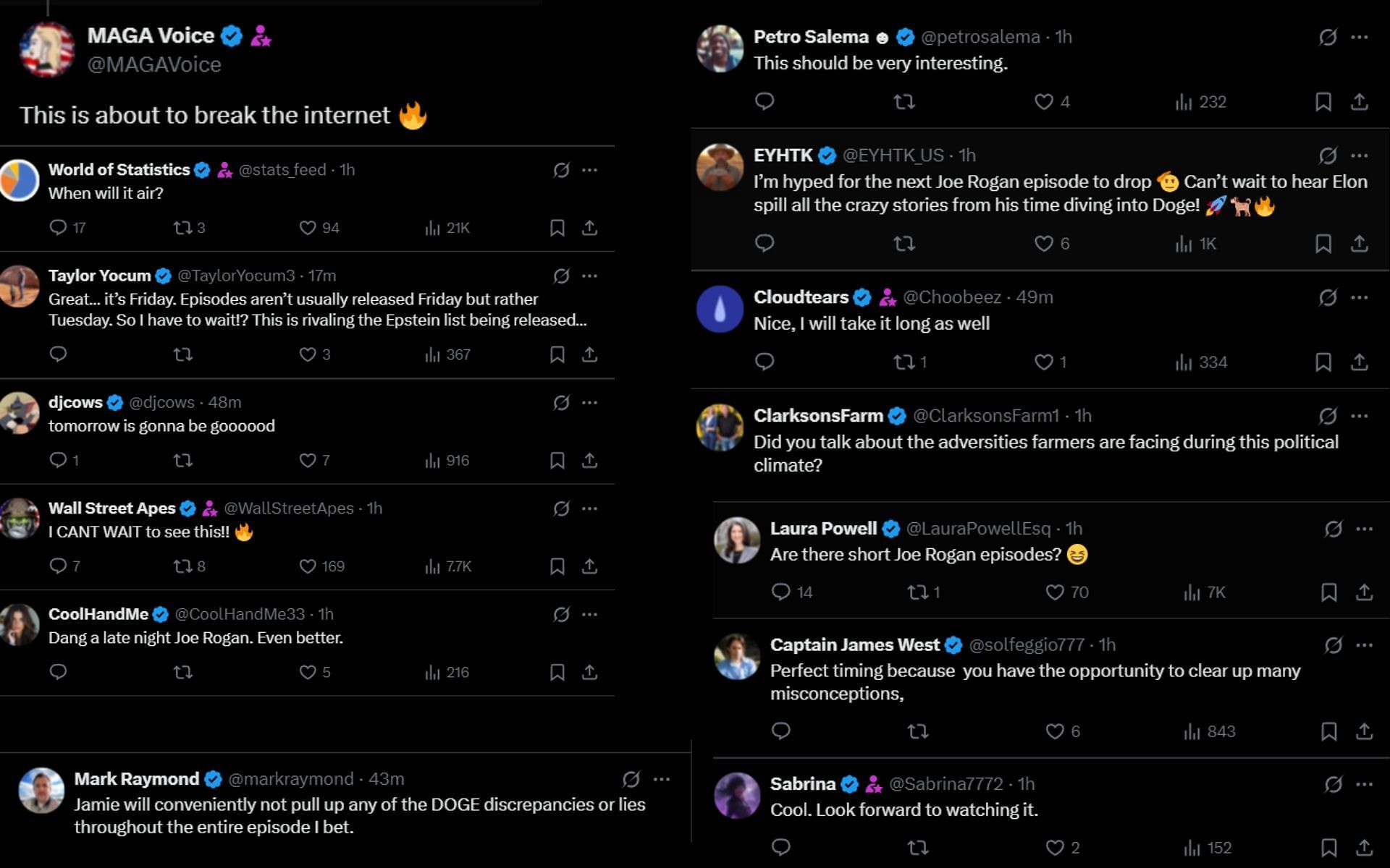 Fans react to news of the new Joe Rogan podcast episode with Elon Musk. [Screenshots courtesy: @elonmusk on X]