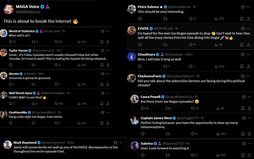 Fans react to news of the new Joe Rogan podcast episode with Elon Musk. [Screenshots courtesy: @elonmusk on X]