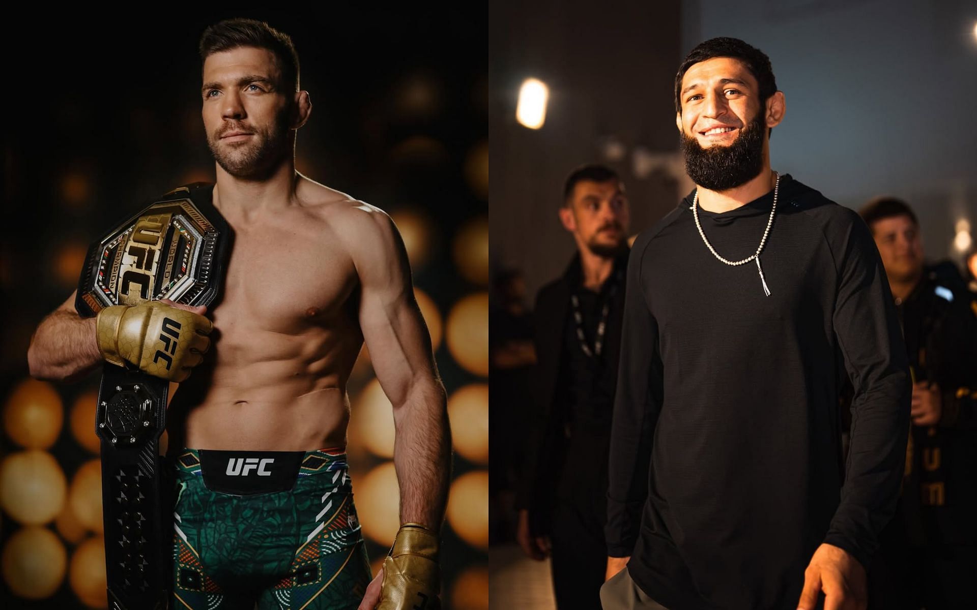 Dricus du Plessis (left) talks about his potential fight with Khamzat Chimaev (right). [Images courtesy: @dricusduplessis and @khamzat_chimaev on Instagram]