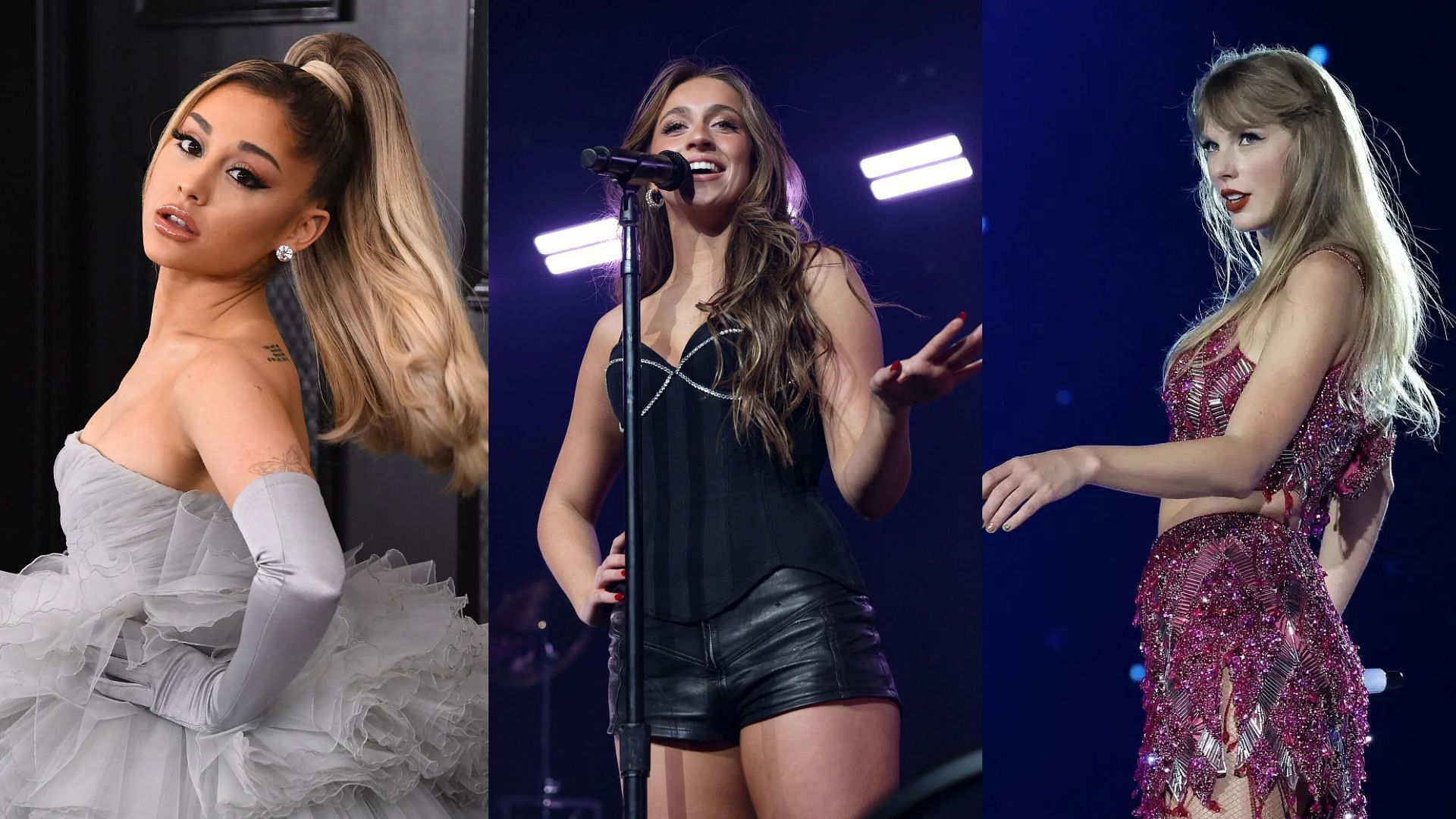 L to R: Ariana Grande, Tate McRae, and Taylor Swift (All images sourced from Getty)