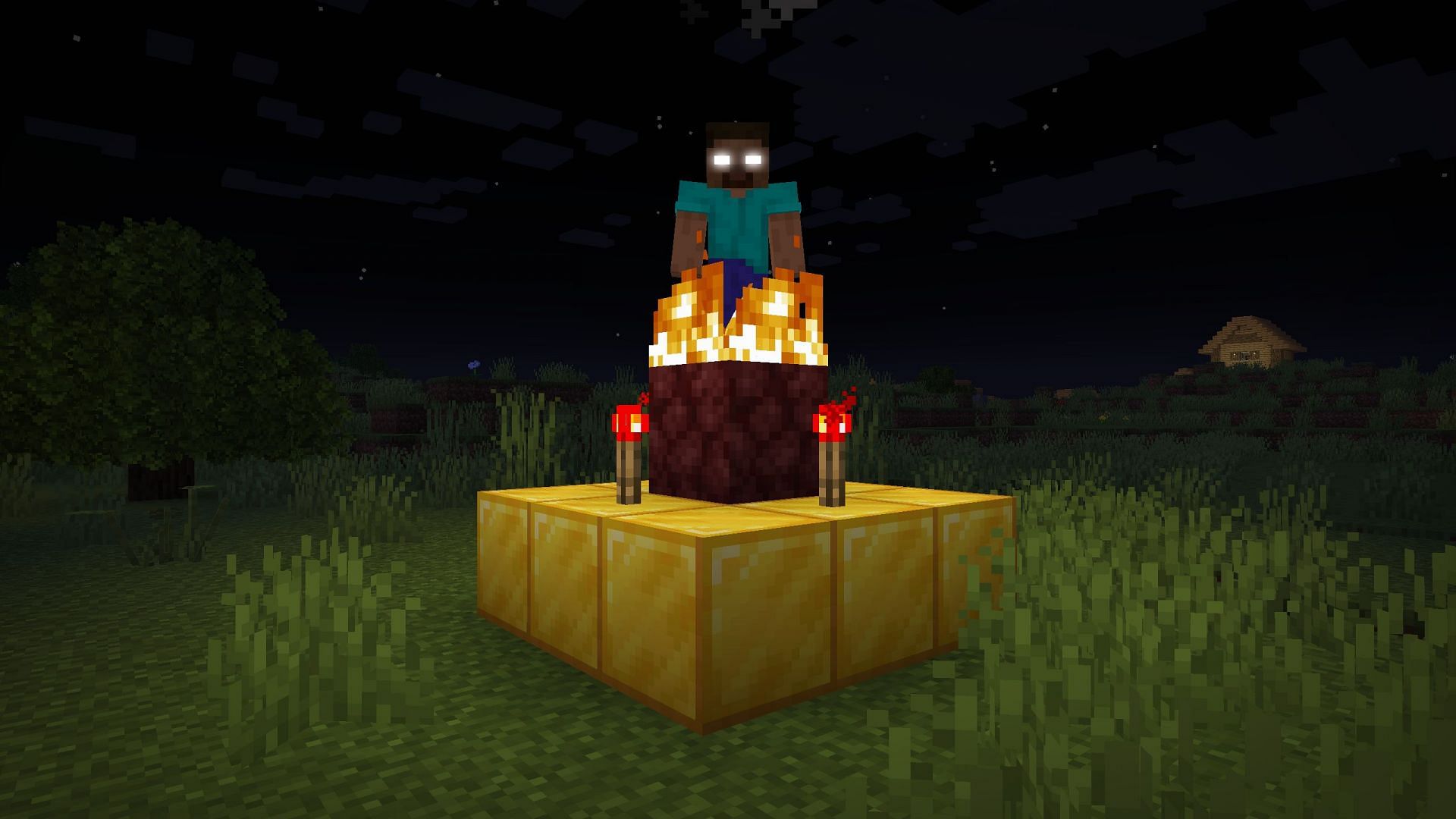 Herobrine can be summoned quickly by creating its shrine (Image via LunarEcpliseStudios || Mojang Studios)