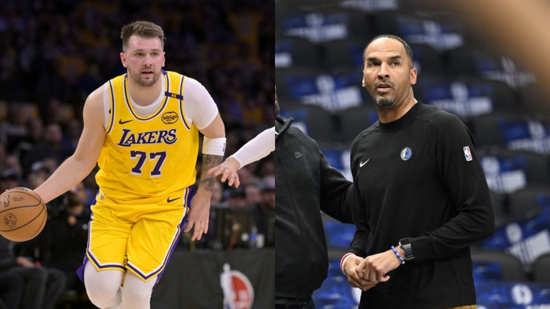 Los Angeles Lakers guard Luka Doncic during a game against the Utah Jazz, Dallas Mavericks general manager Nico Harrison (right) looks on during warms up before the game at American Airlines Center. Photo Credits: Imagn