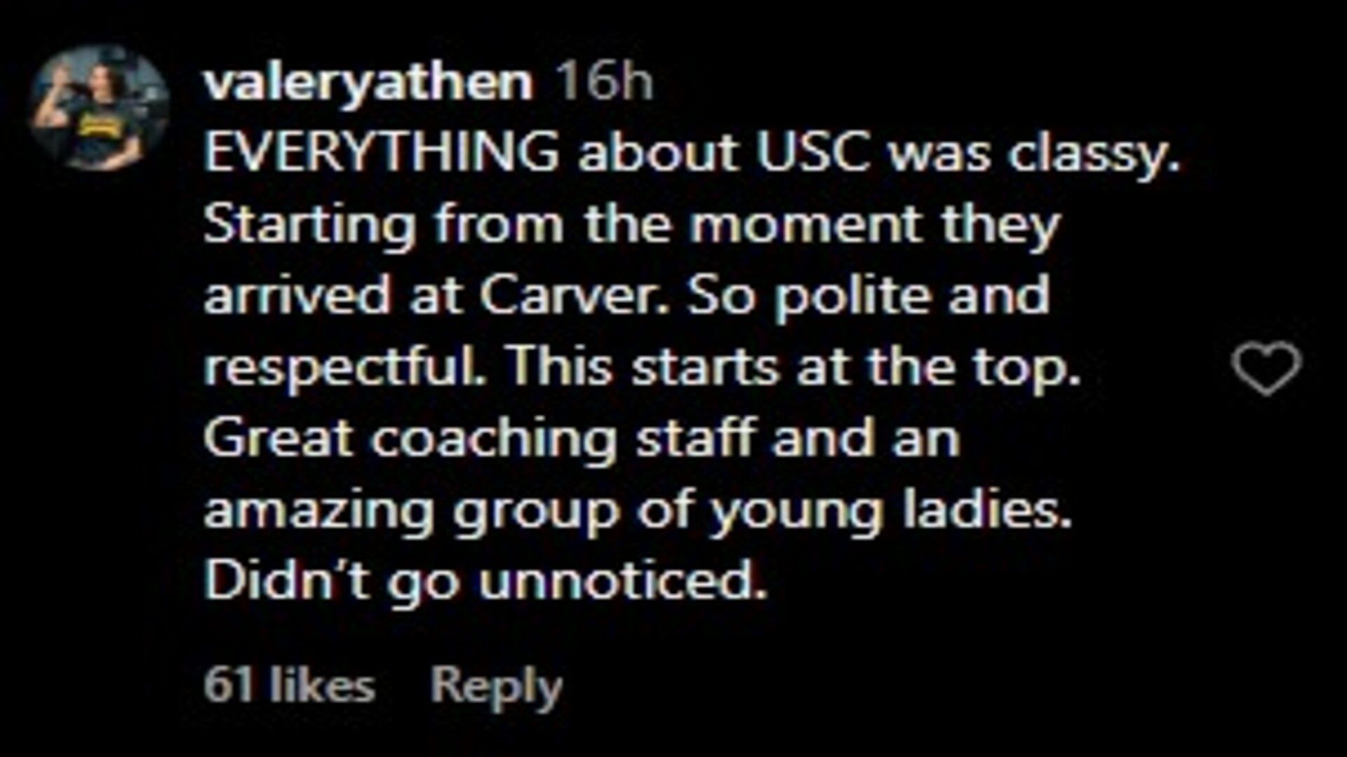 A user comments on USC Trojans remaining present for Caitlin Clark&#039;s Iowa Hawkeyes jersey retirement ceremony. (Credits: IG/Justwomenssports)