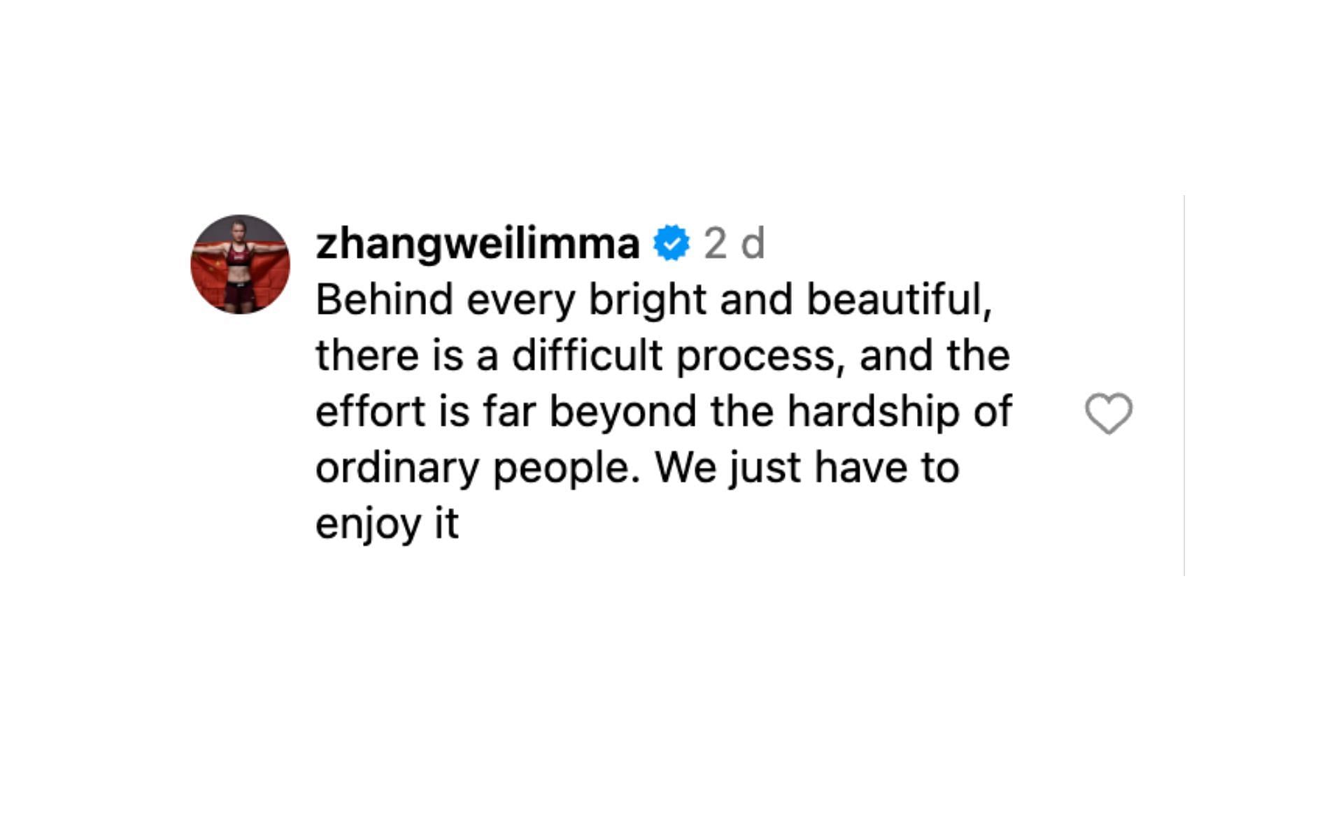 Screenshot of Zhang Weili&#039;s comment. [Screenshot courtesy: @espnmma on Instagram]