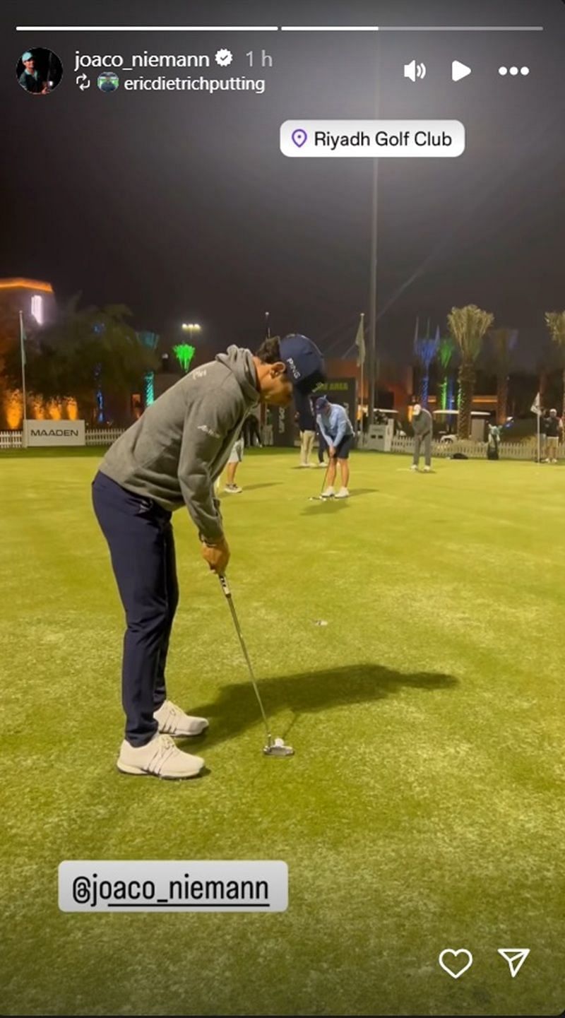 Joaquin Niemann practicing at Riyadh under floodlights (Source: Instagram/@joaco_niemann)