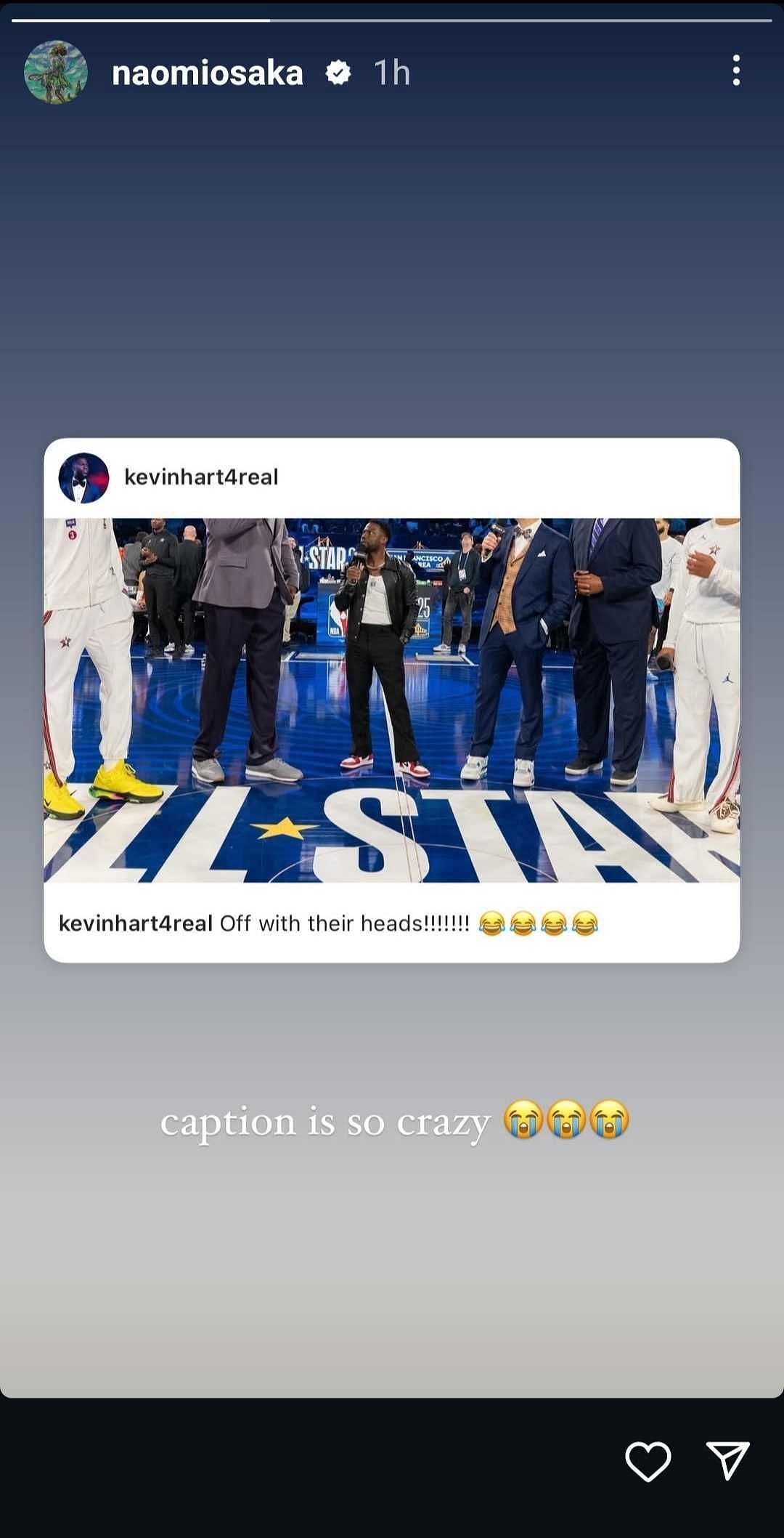 Osaka&#039;s Instagram Story featuring Kevin Hart at the NBA All-Star Weekend (Source: Instagram/Naomi Osaka)