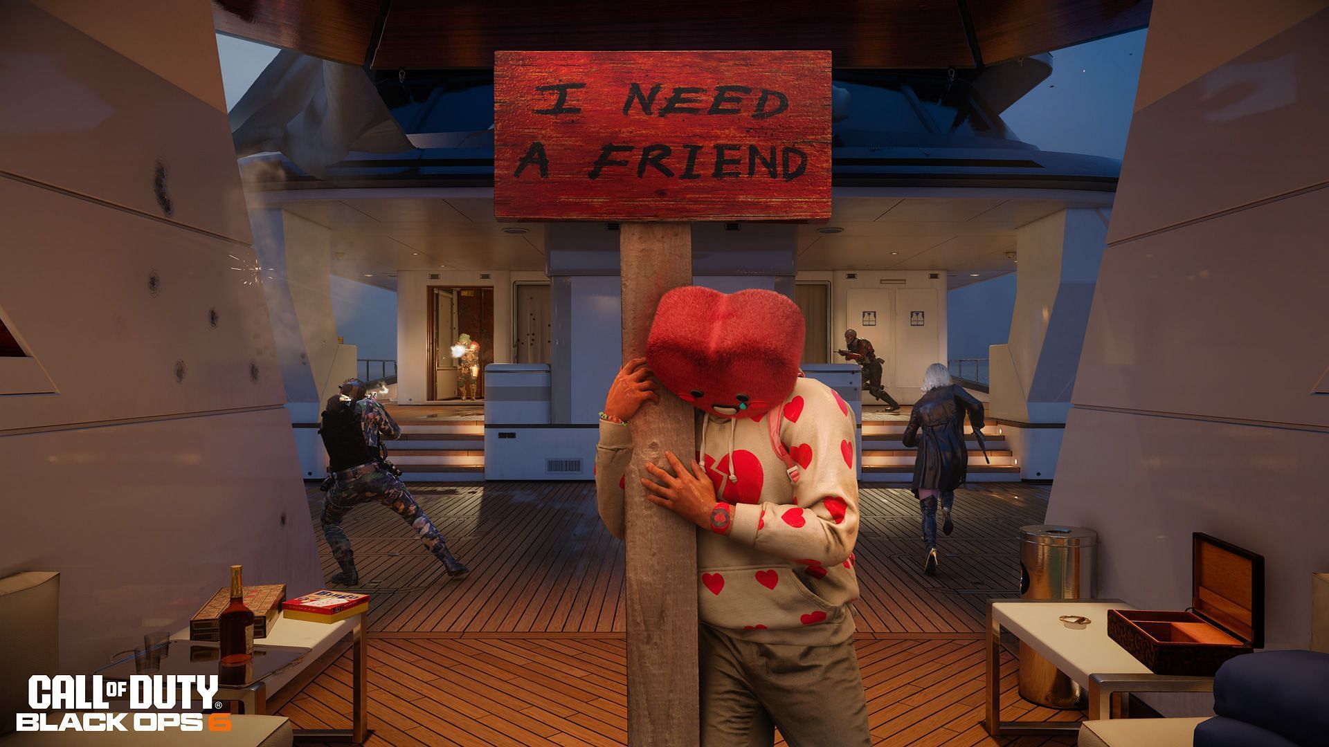 An Operator hugging a pole with a sign that reads &quot;I need a friend&quot; in the Valentine