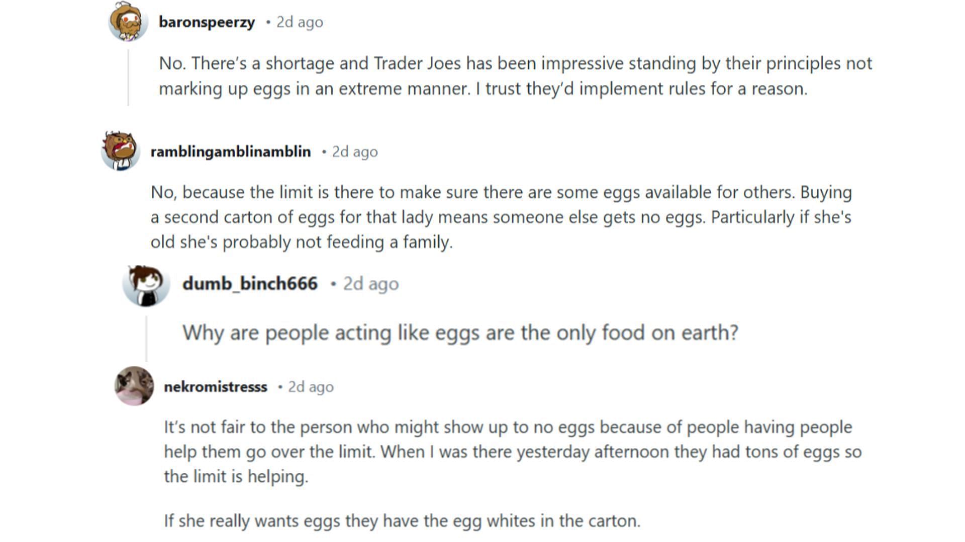 Reddit discussion on the limit on eggs (Image via Reddit/r/traderjoes)