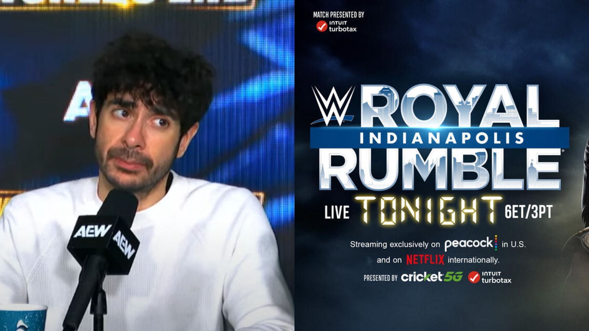 Tony Khan (left) and WWE Royal Rumble logo (right). (Image credits: AEW YouTube channel &amp; wwe.com)