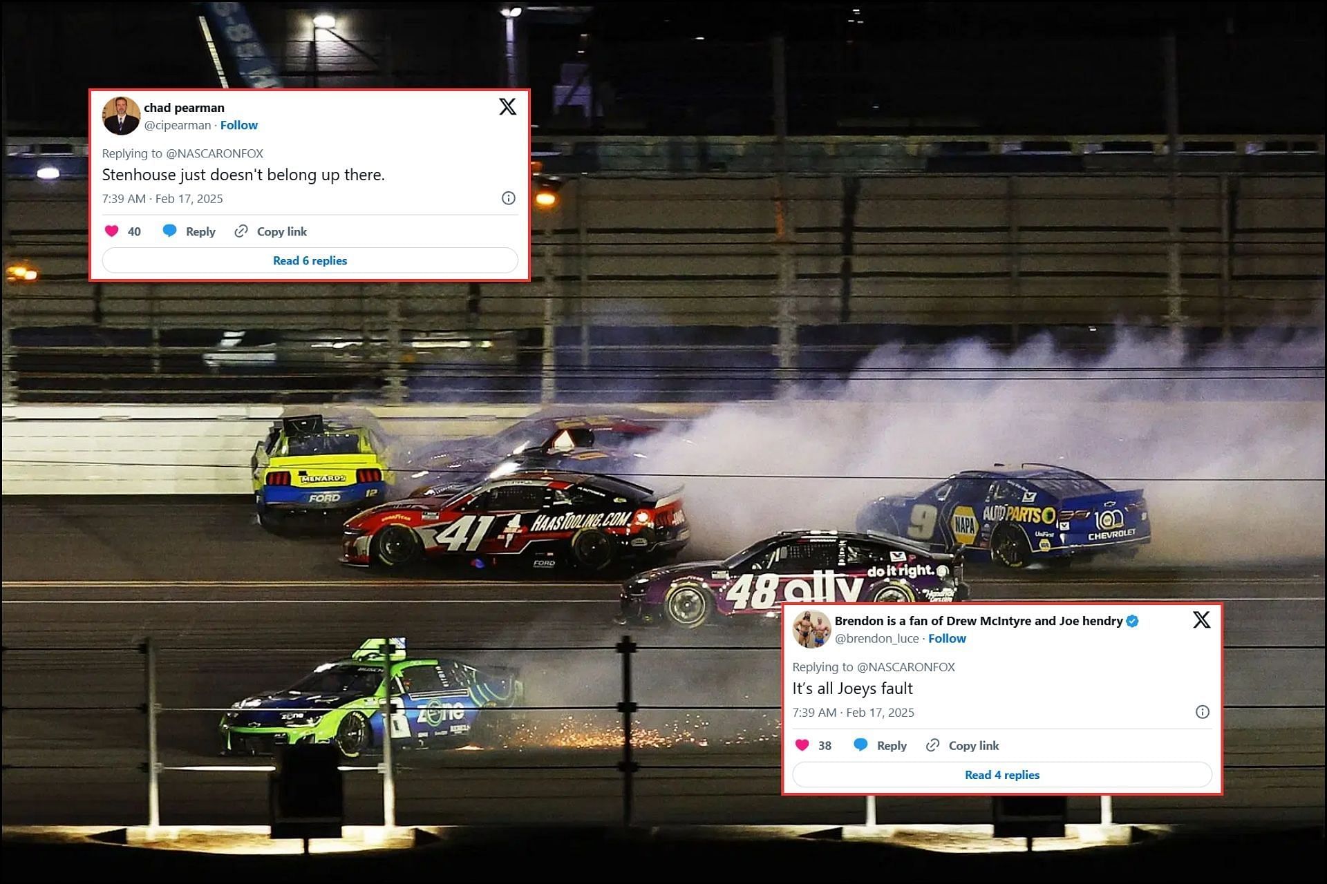 NASCAR Fans clash after final stage Daytona 500 crash (Images from @cipearman and @brendon_luce on X and Getty Images)