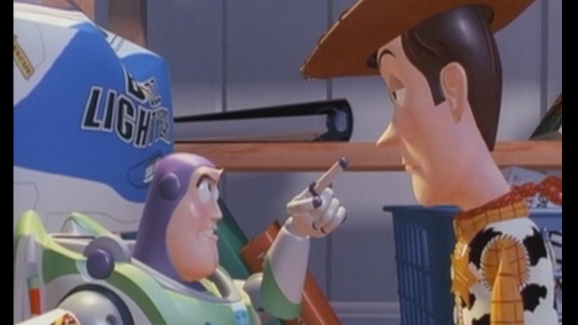 Woody and Buzz in a still from Toy Story. (Image via Apple TV)