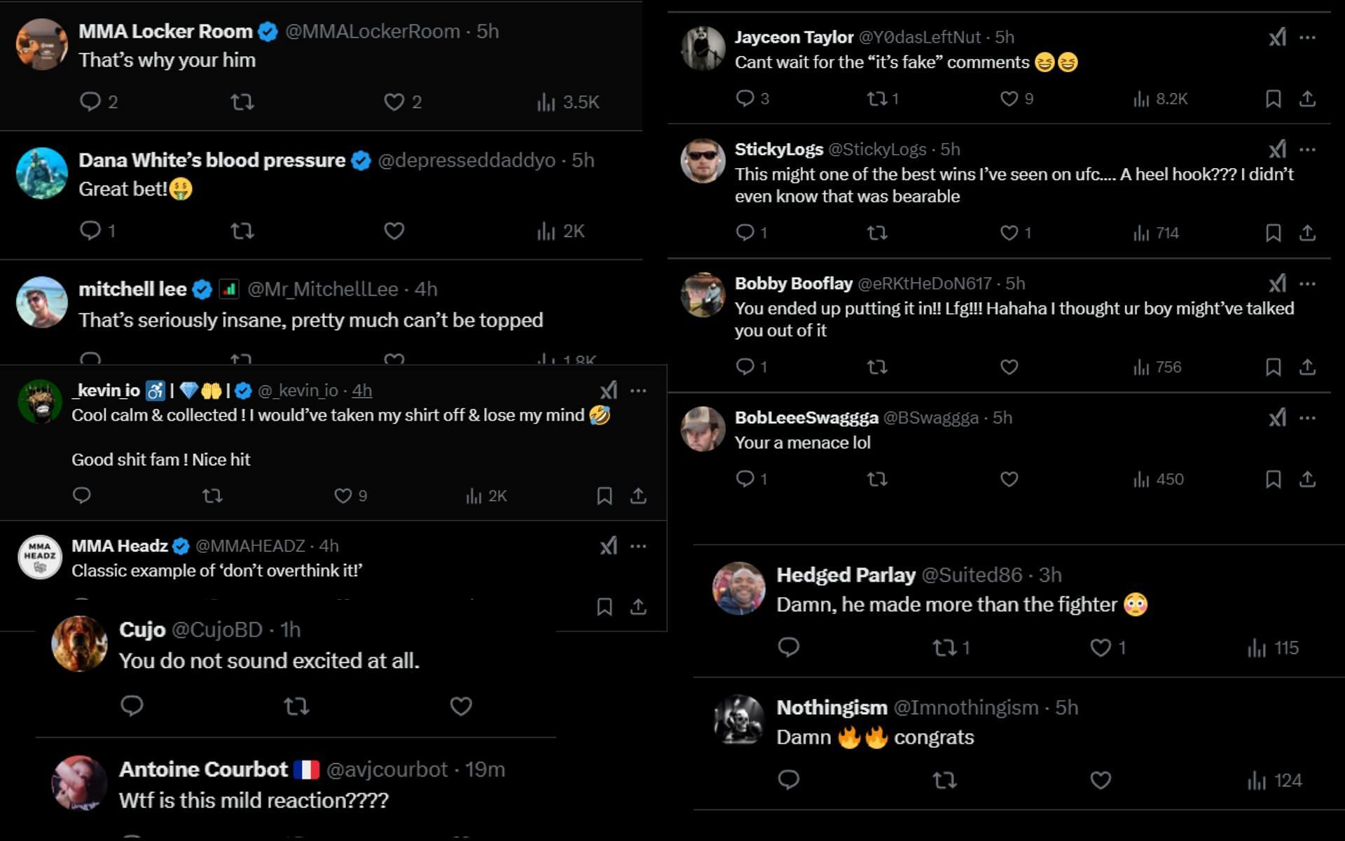 Fans react to a UFC Vegas 102 bettor&#039;s substantial payout. [Screenshots courtesy: @MattyBetss on X]