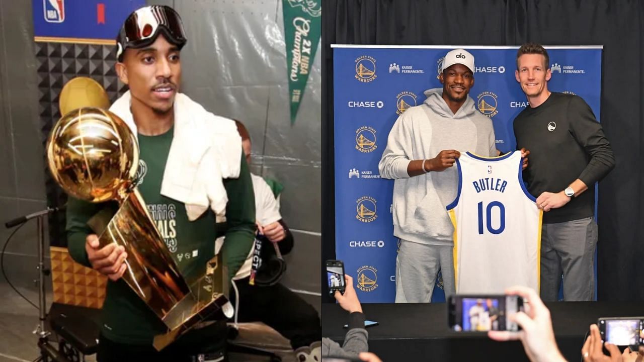 Jeff Teague (left) after the Bucks won Game 6 of the 2021 NBA Finals and Jimmy Butler (right) posing with Michael Dunleavy Jr. at his first Warriors press conference - Source: Getty Images/Milwaukee Bucks