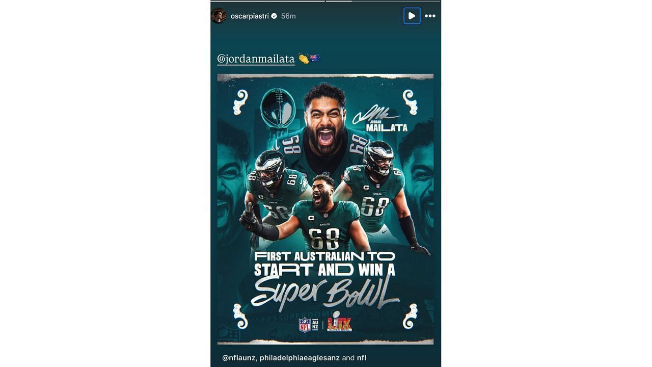 Piastri&#039;s Instagram story for Jordan Mailata [Image Source: @oscarpiastri/Instagram]