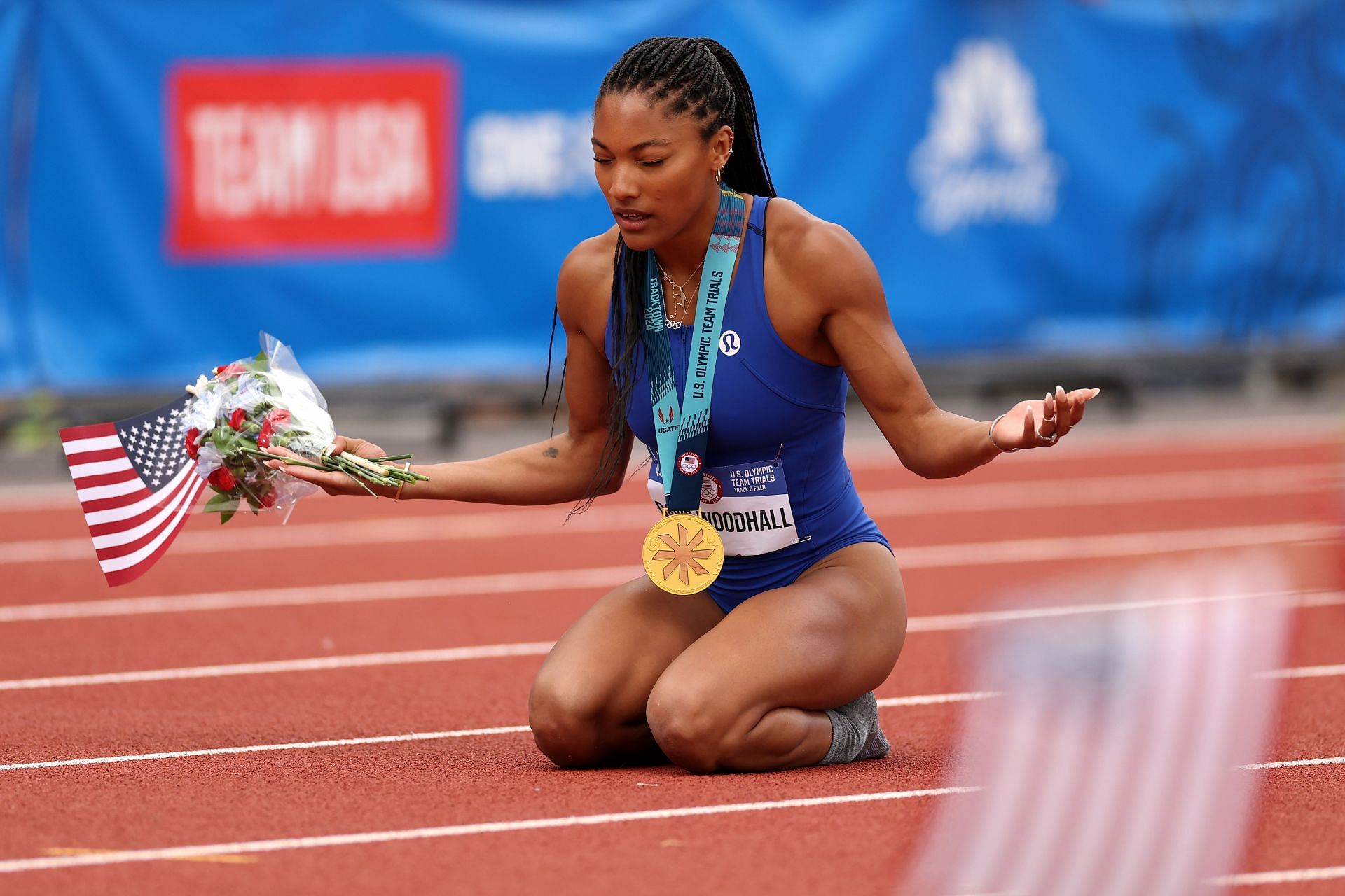 TarDavis-Woodhall on day nine of the 2024 US Olympics Track and Field Trials after winning the long jump event (Image via: Getty Images)