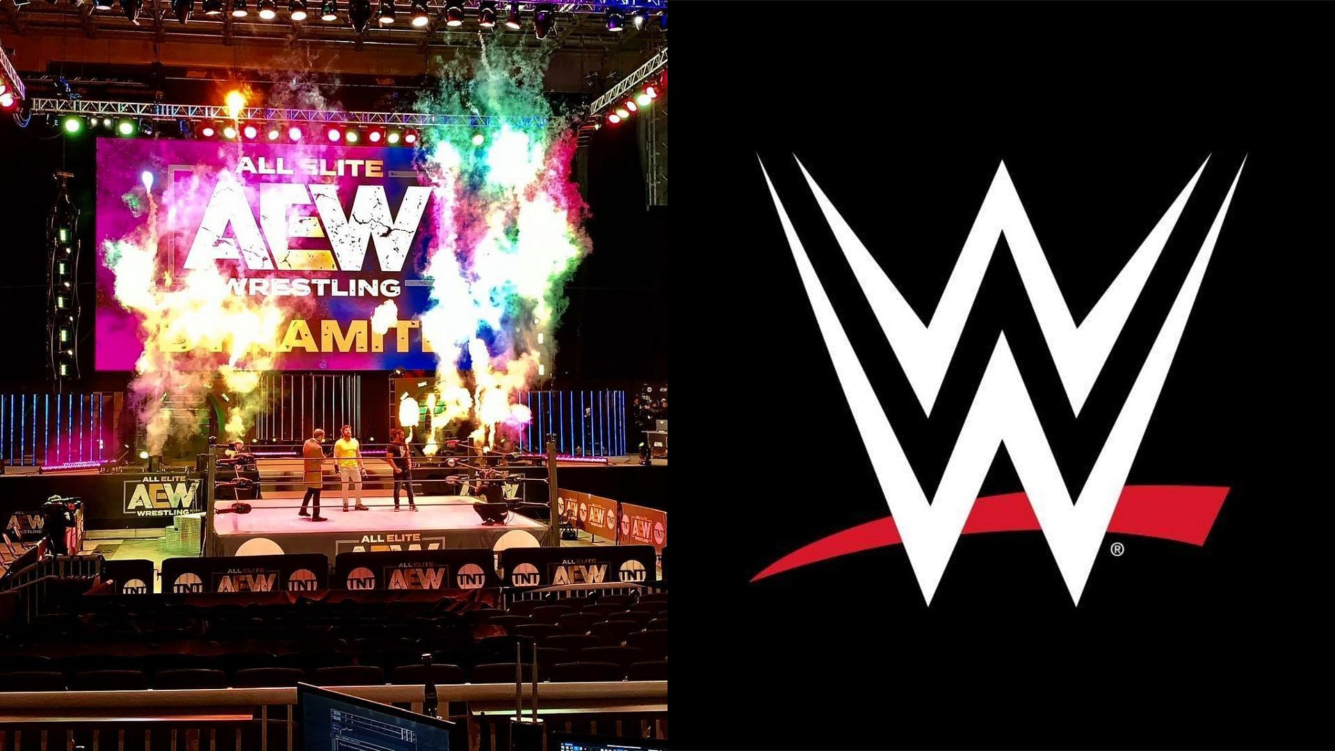 AEW arena (left) and WWE logo (right). (Image credits: AEW &amp; WWE Facebook page)