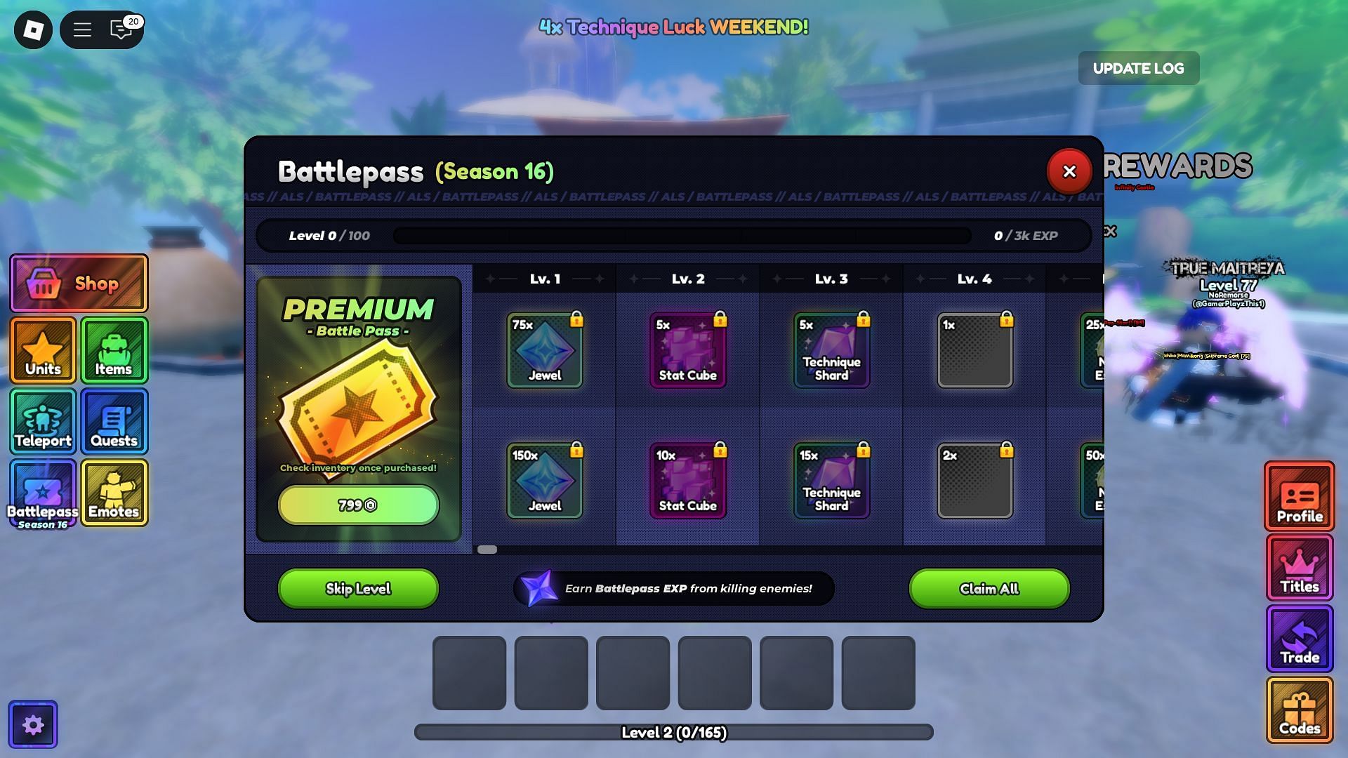 List of rewards in Anime Last Stand Season 16 Battlepass (Image via Roblox)