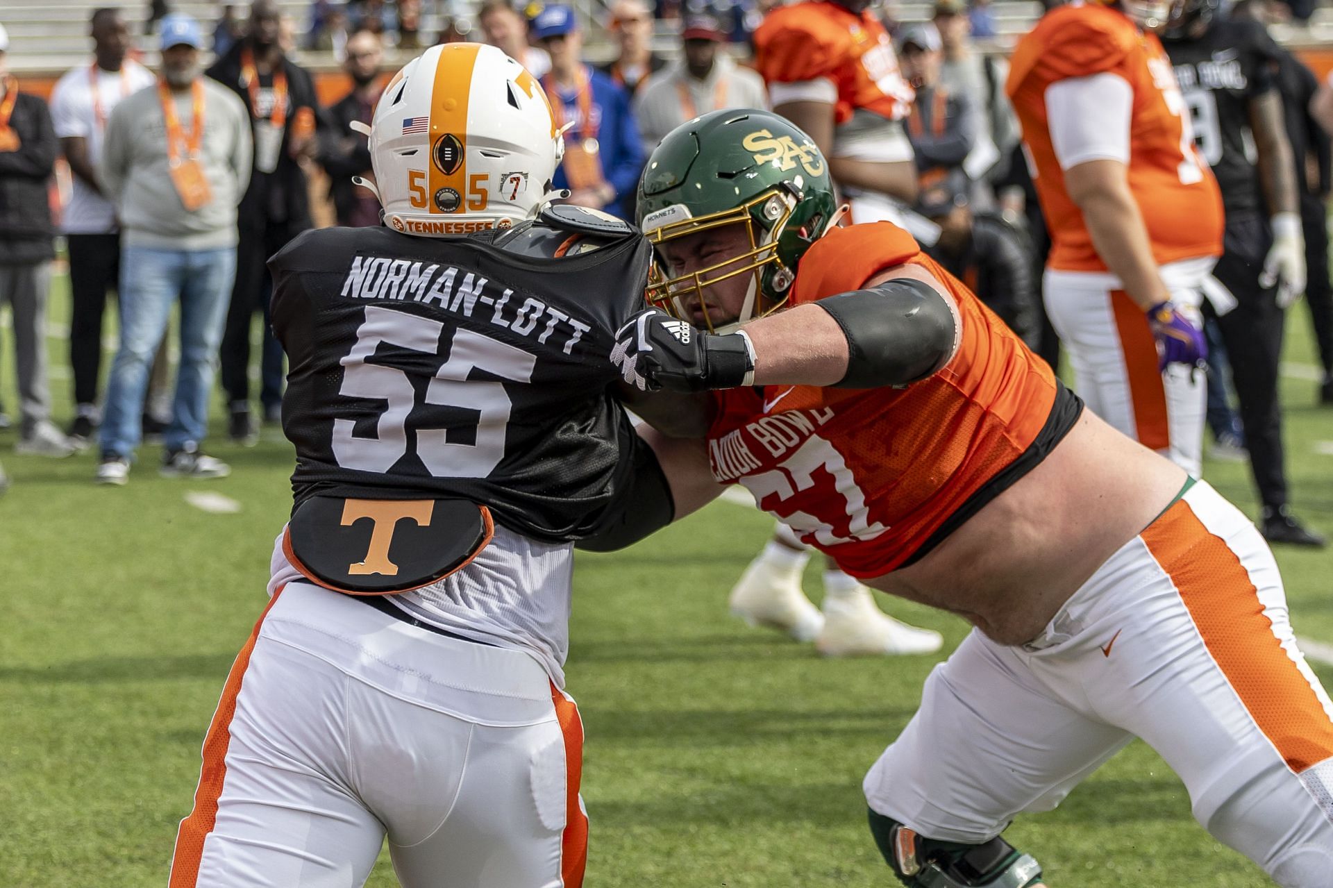 Jackson Slayer, right, during Senior Bowl drills