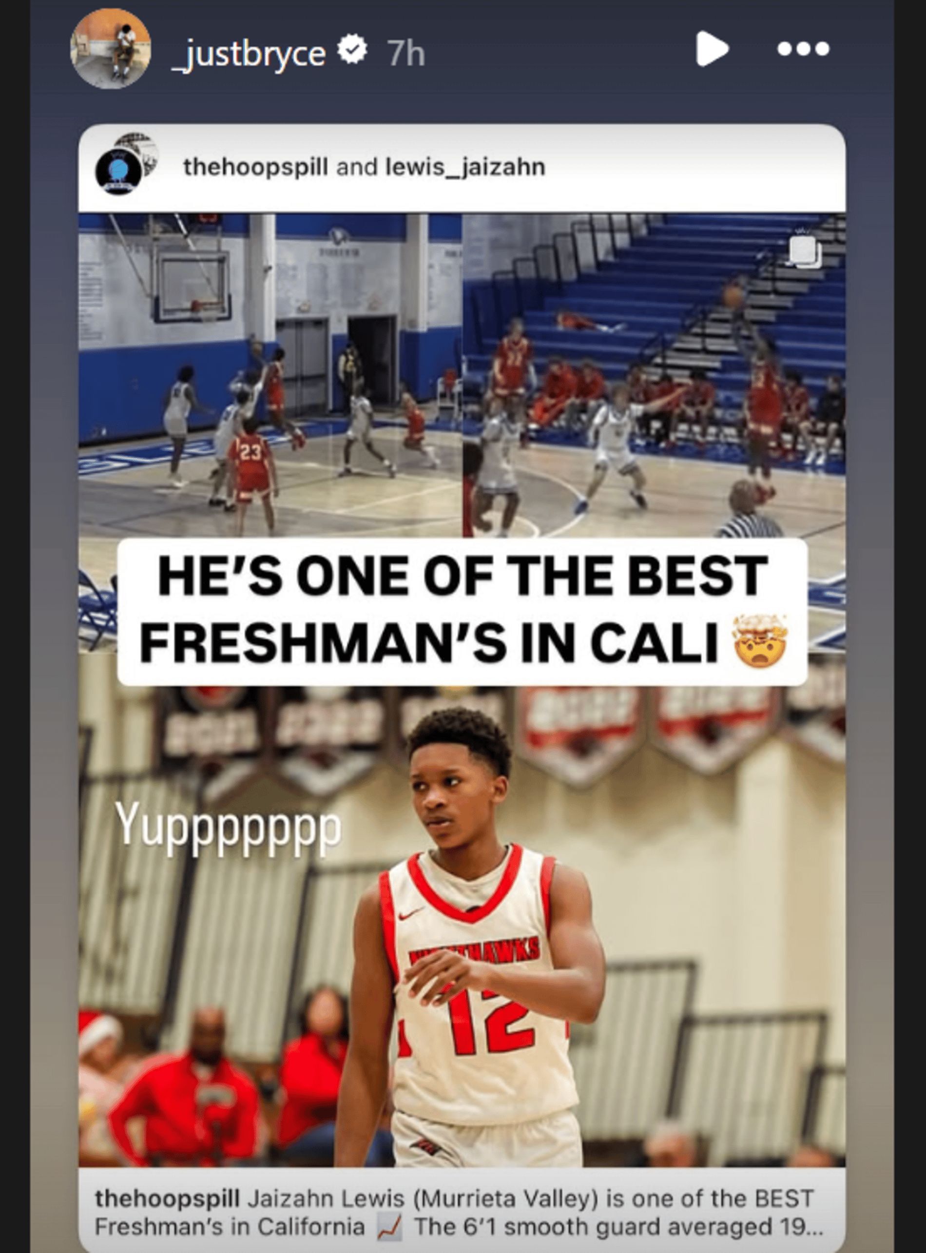 Bryce James shares post praising Jaizahn Lewis as one of California&#039;s best freshman hoopers (source: Instagram/ _justbryce)