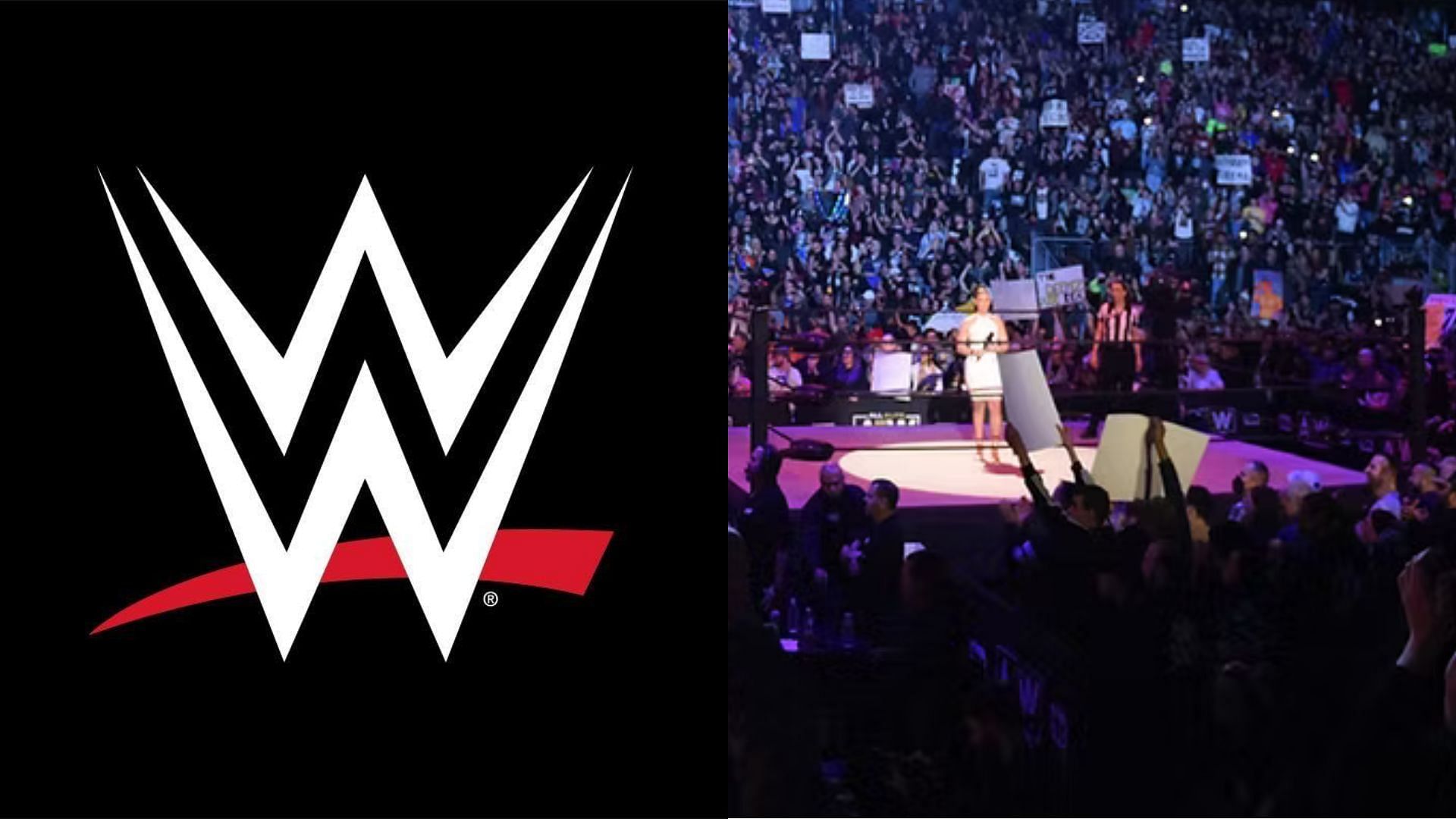 WWE logo (left) and AEW arena (right). (Image credits: WWE Facebook page &amp; allelitewrestling.com)