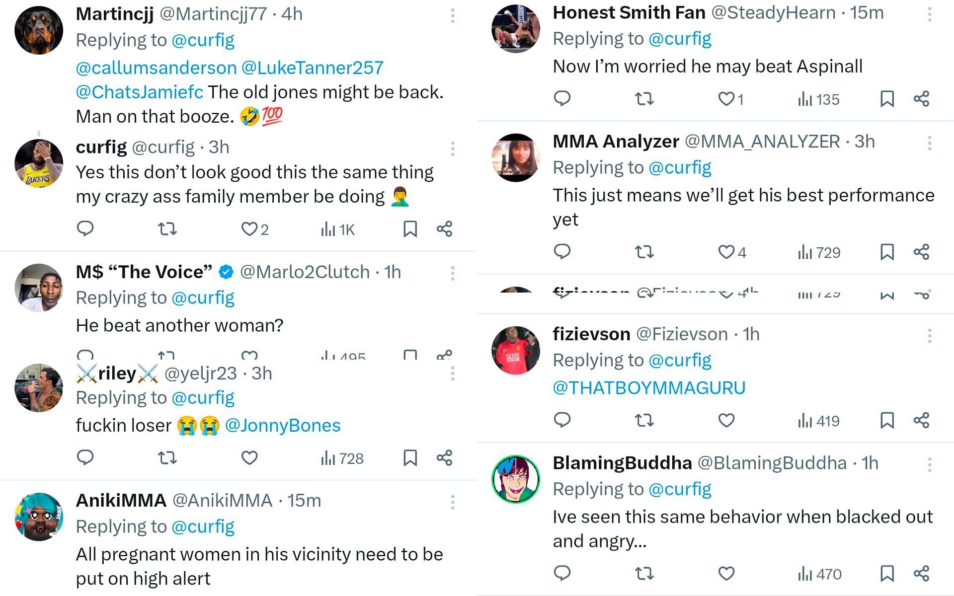 Fan reactions to Jon Jones concerning Instagram Live. [Screenshot courtesy: @curfig on X]