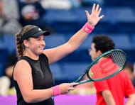 Jelena Ostapenko of Latvia celebrates after winning her round of 16 match against Jasmine Paolini of Italy during the WTA Qatar TotalEnergies Open 2025 - Source: Getty
