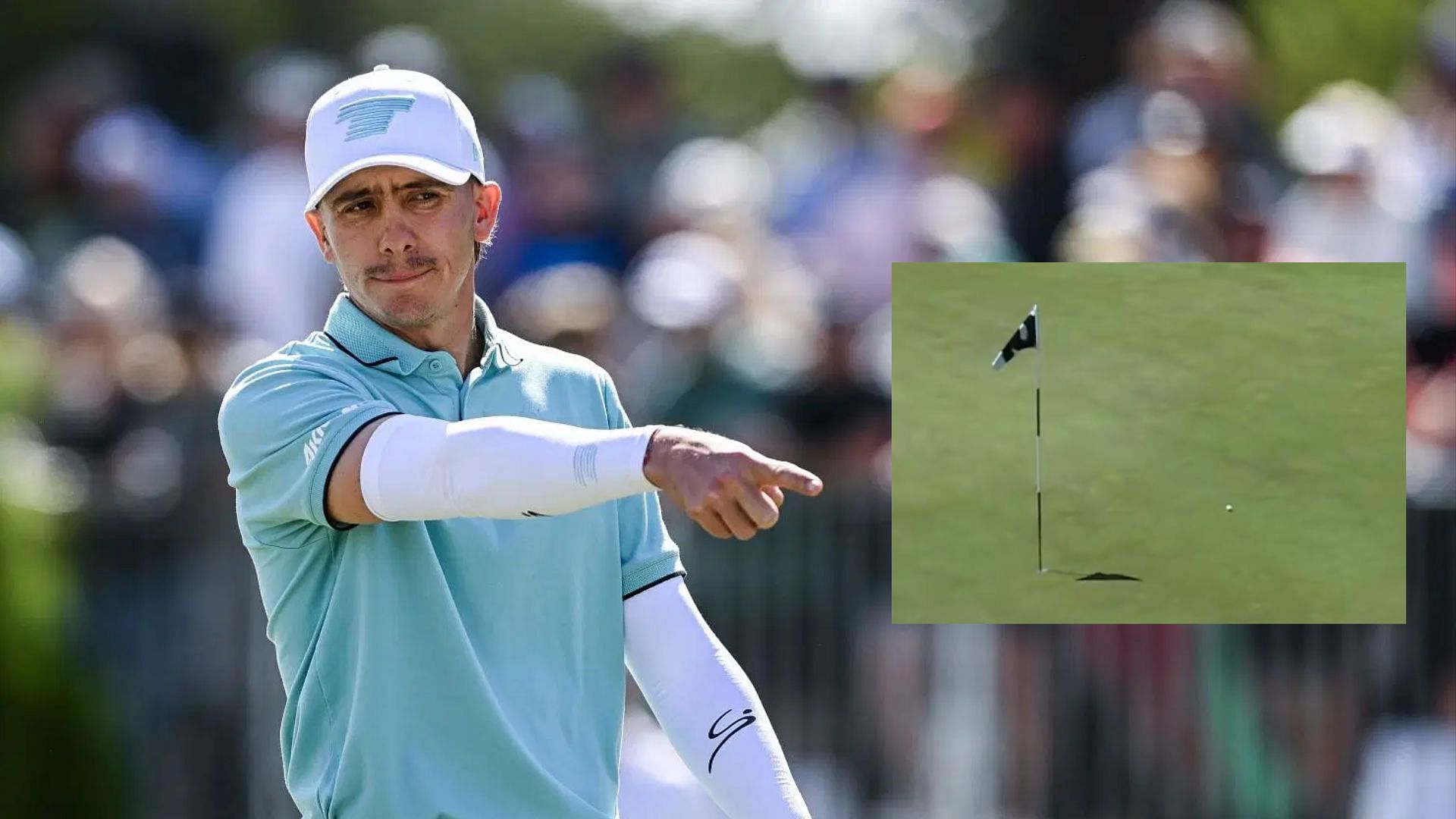 Carlos Ortiz denied Albatross by flag stick at LIV Golf Adelaide (Photo by Mark Brake/Getty Images and @LIVGolf/X)