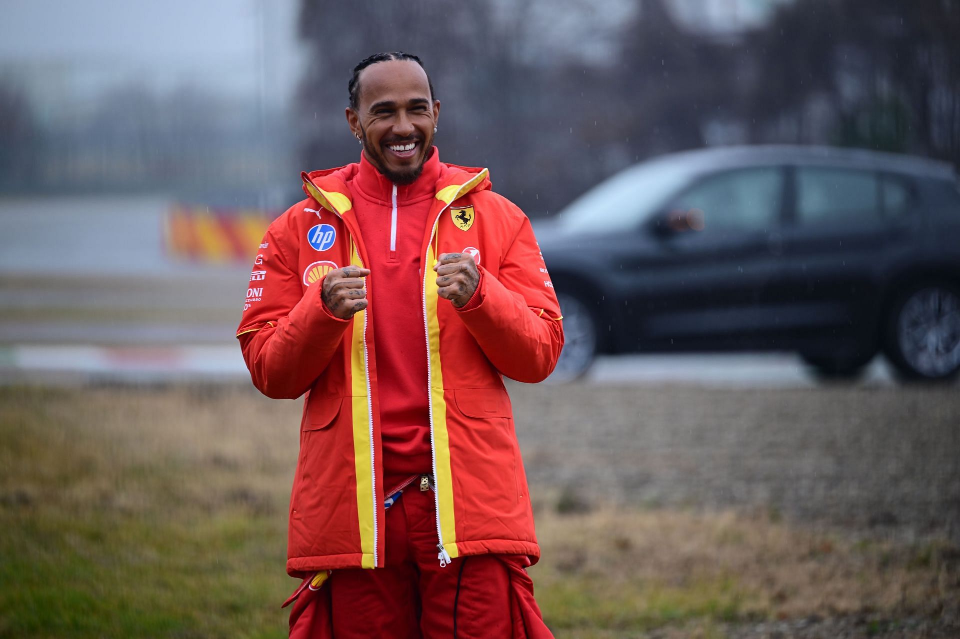 Lewis Hamilton drives a Scuderia Ferrari car for the first time at Circuito di Fiorano in Fiorano Modenese, Italy, on January 22, 2025. (Photo by Andrea Diodato/NurPhoto via Getty Images) - Source: Getty