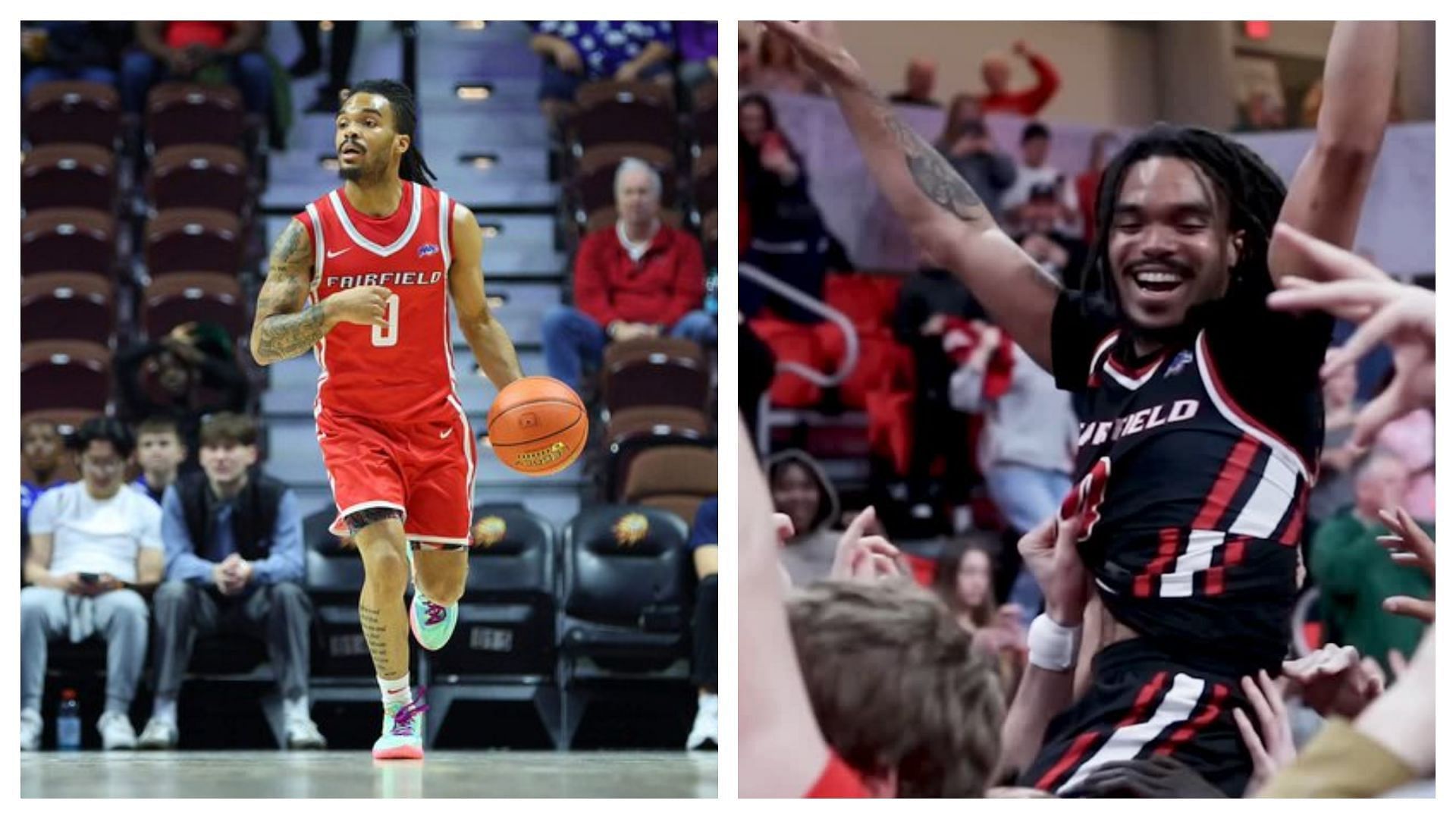 Deon Perry burries 70-foot buzzer (Credit: X and Instagram/@ The Athletic CBB and fairfieldmbb)