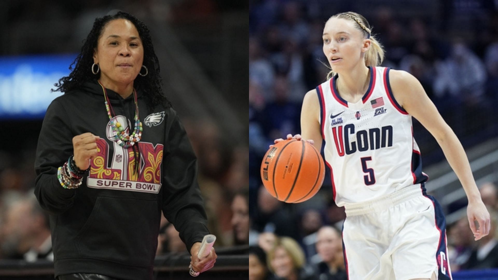 South Carolina coach Dawn Staley and UConn star Paige Bueckers. Source: Imagn