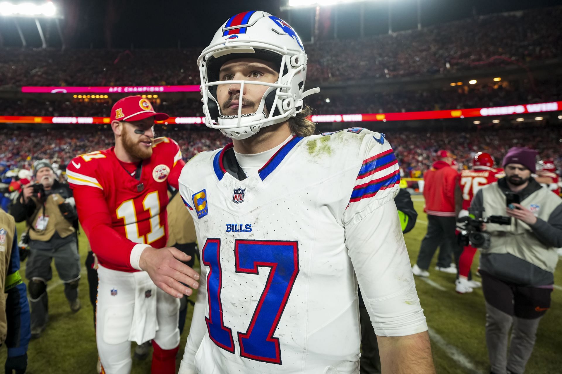 Josh Allen of the Buffalo Bills stands on the field after the AFC Championship game against the Kansas City Chiefs - Source: Getty