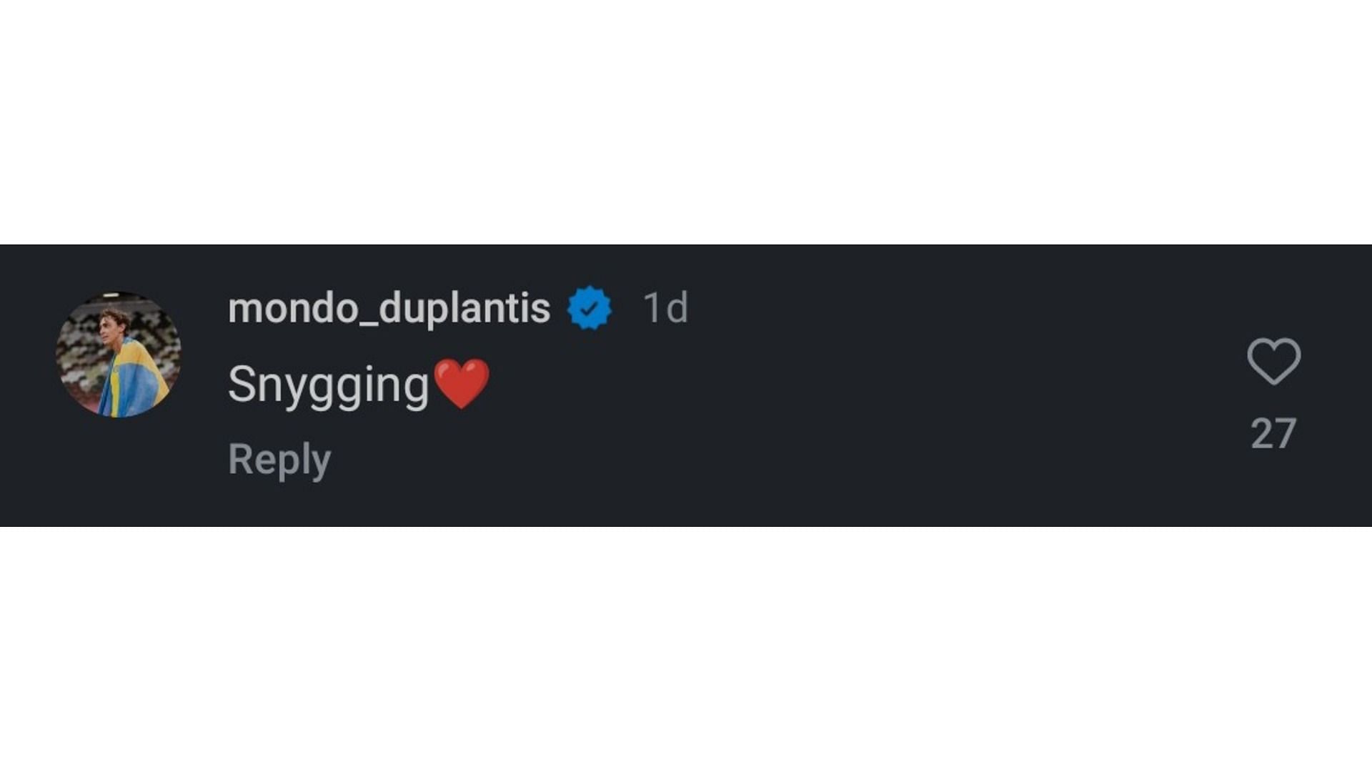 Screenshot of Duplantis&#039; comment on Inglander&#039;s post (Image via: Inglander&#039;s Instagram handle)