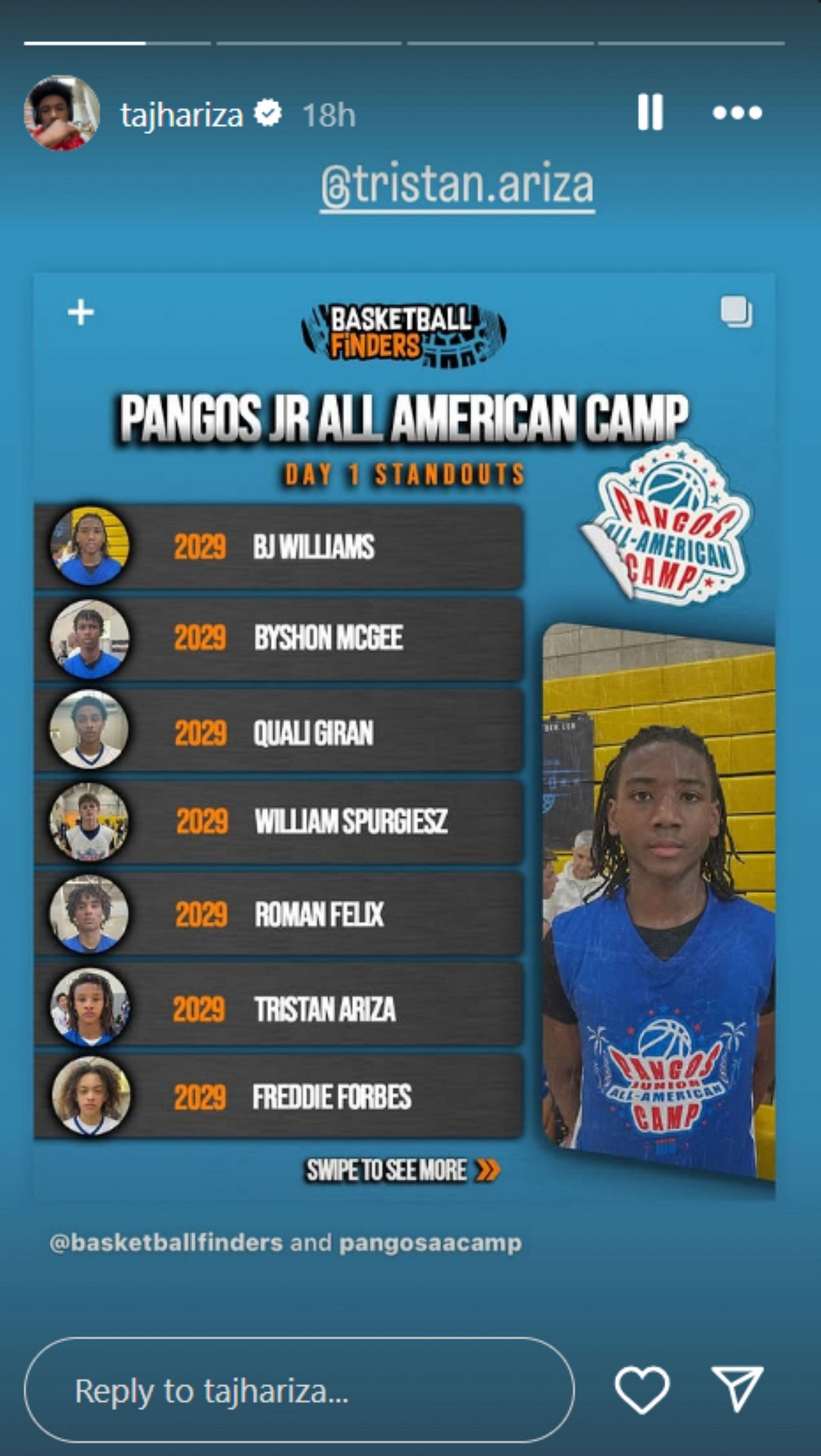 Tajh Ariza&#039;s brother Tristan Ariza gets featured on Pangos Jr. All-American camp Day 1 standouts (Image: IG/tajhariza)