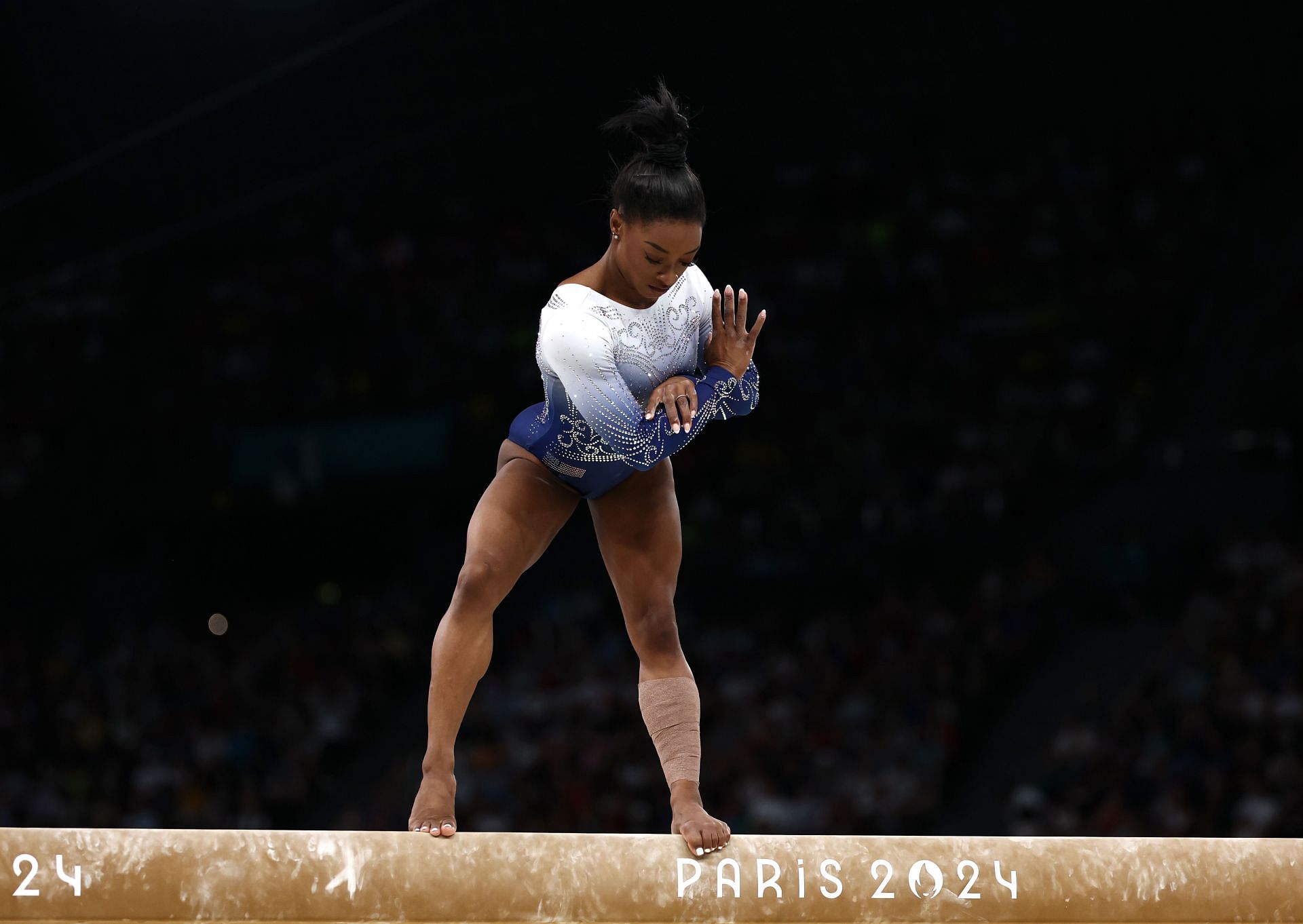 Biles doing her beam balance routine on the 10th day of the 2024 Paris Olympics (Image via: Getty Images)