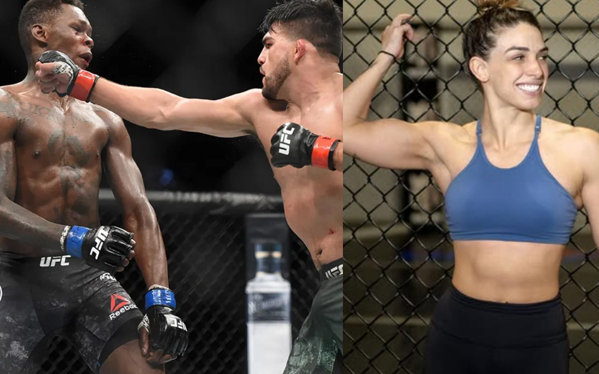 Mckenzie Dern expresses (Far right) respect for the new Hall of Fame inducted fight between Israel Adesanya (left) and Kelvin Gastelum (right) [Image courtesy: getty Images and @mackenziedern on Instagram]