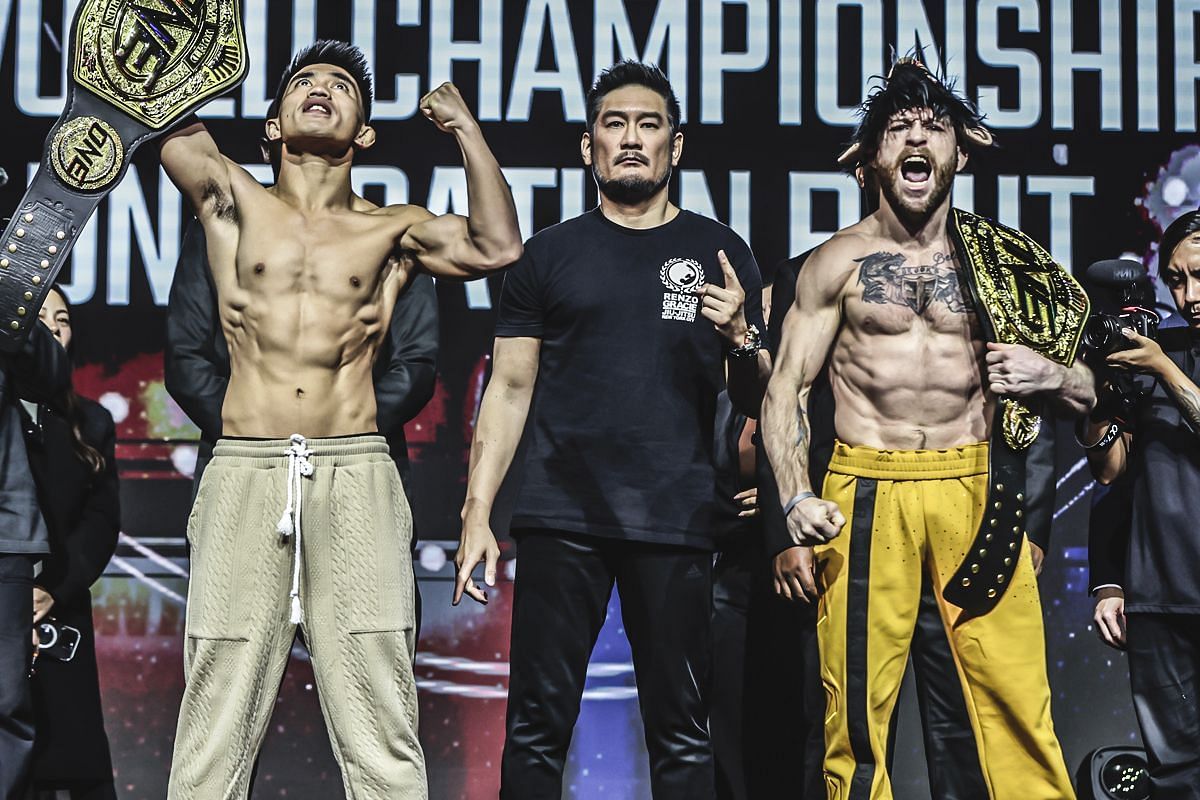 Joshua Pacio (left) and Jarred Brooks (right) during the ceremonial weigh-ins for ONE 171. [Photo from ONE Championship]