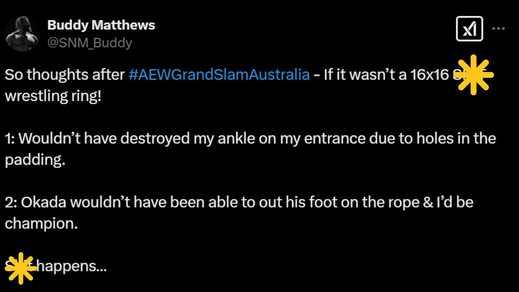 Buddy Mathues Buddy Matthews deletes tweet blaming faulty AEW equipment for injury