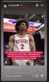 Ace Bailey gives teammate Dylan Harper a shoutout on social media for his scoring skills. (Photo Credit: Instagram/@acebailey)