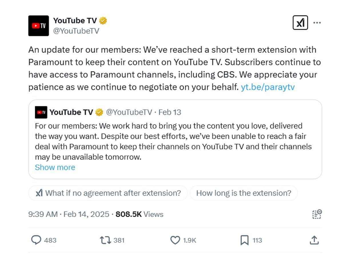 The video streaming platform&#039;s current stance with Paramount (Image via X/ @YouTubeTV)