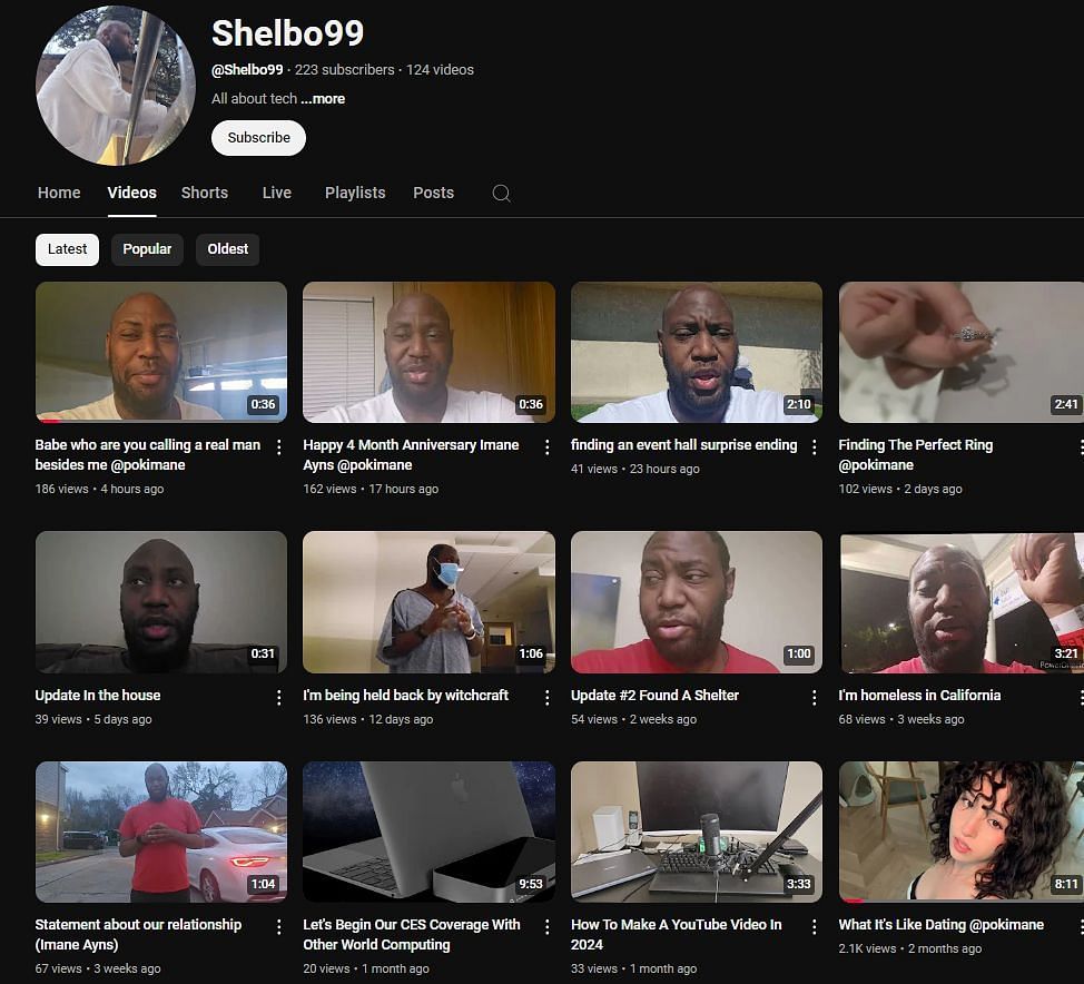 Shelbo&#039;s YouTube page is filled with videos about Pokimane (Image via Shelbo99/YouTube)