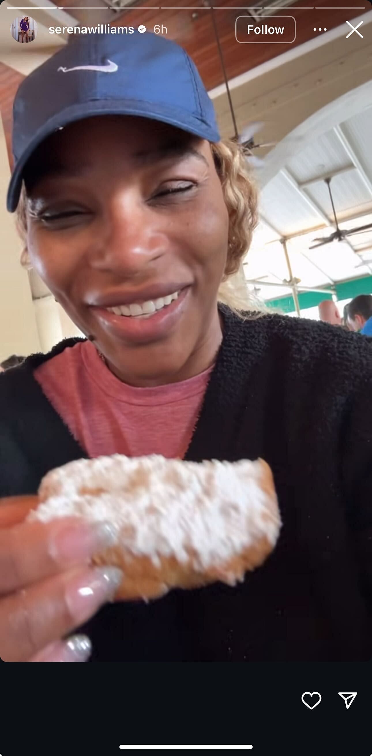 Serena Williams enjoying a Beignet. Source: Screengrab from Serena Williams&#039;s Instagram story